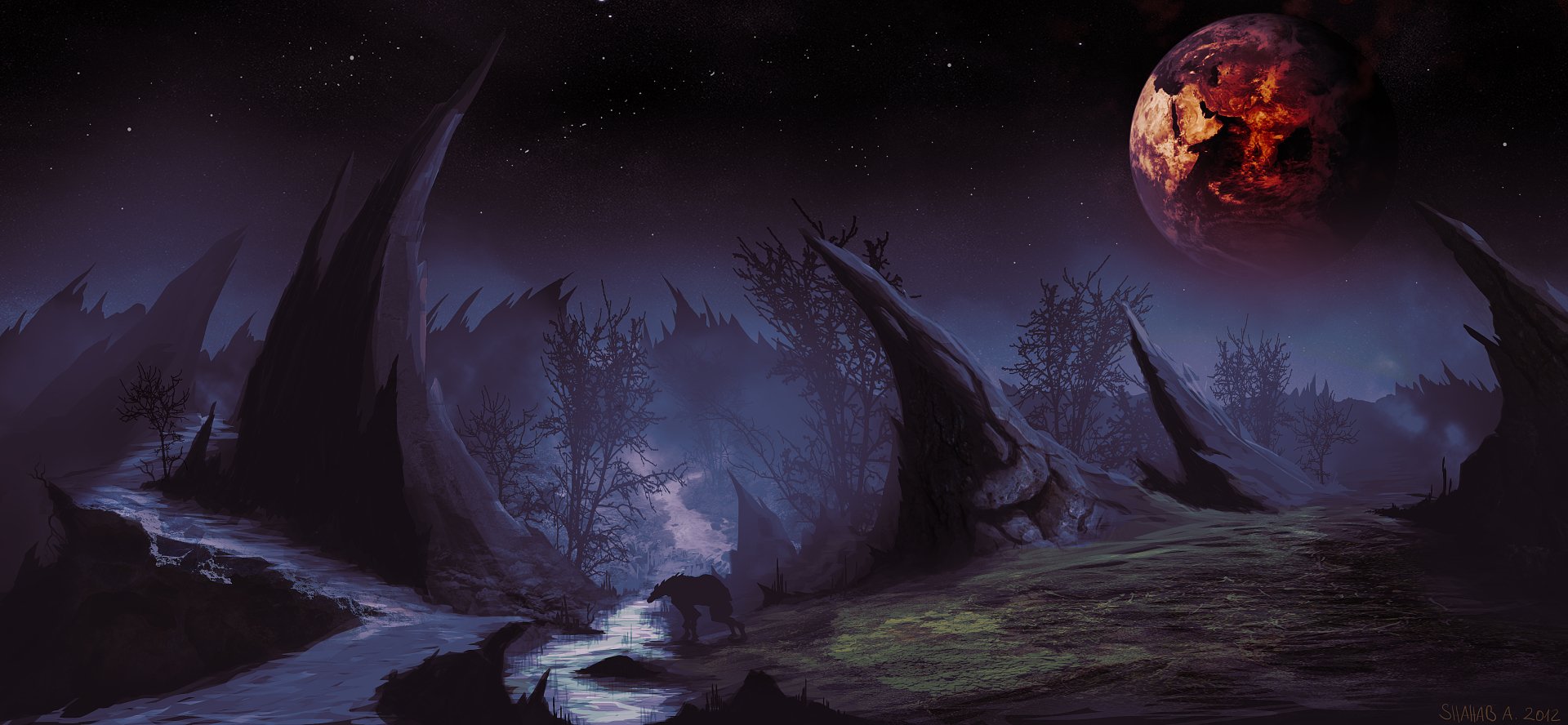 4K Ultra HD PC desktop wallpaper depicting a dark, eerie landscape with twisted trees under a starry sky and a large, glowing red planet in the background.