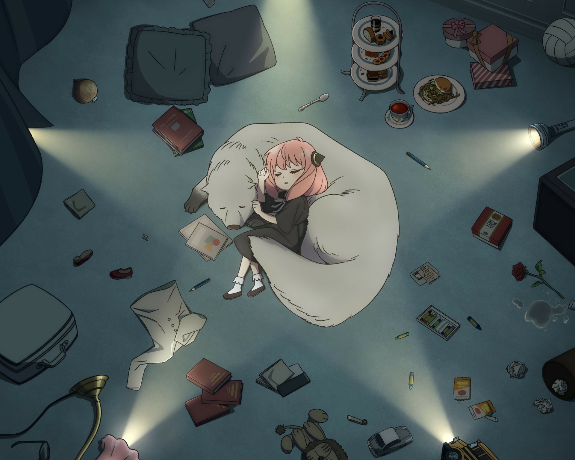 2K Quad HD PC desktop wallpaper of Spy x Family's Anya Forger curled with Bond the dog on a large cushion, surrounded by scattered books, toys, snacks and soft evening light.