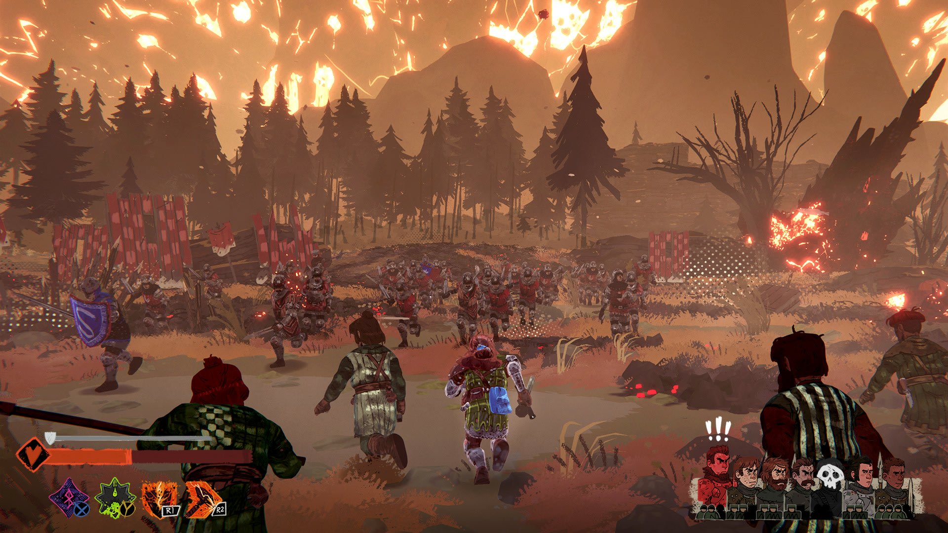 HD desktop wallpaper and background from the video game Tears of Metal, featuring a chaotic battlefield set against a fiery, mountainous backdrop with various characters engaged in combat.