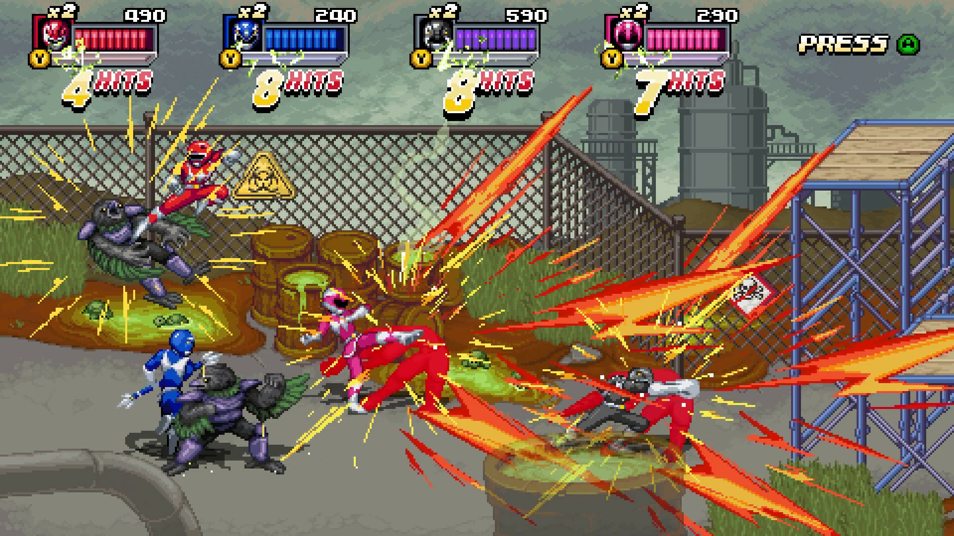 HD desktop wallpaper of the video game Mighty Morphin Power Rangers: Rita’s Rewind showing intense action with Power Rangers battling enemies amidst dynamic explosions and energy effects.