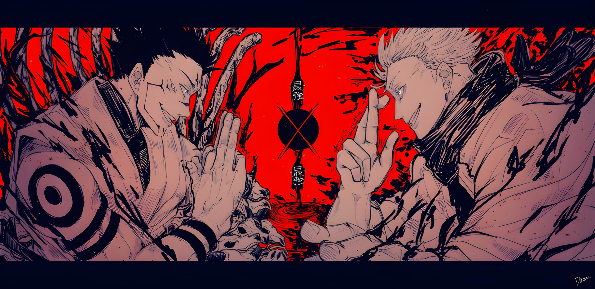 HD desktop wallpaper of Jujutsu Kaisen featuring a dramatic face-off between Satoru Gojo and Sukuna against a vivid red background.
