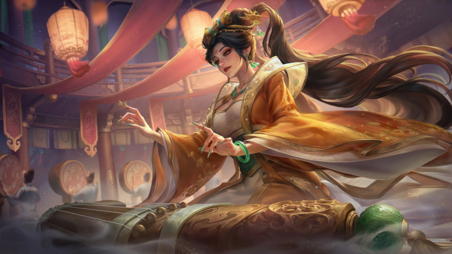 HD desktop wallpaper featuring Sona from League of Legends in an elegant setting, dressed in ornate robes, playing her instrument against a backdrop with lanterns and flowing fabrics.