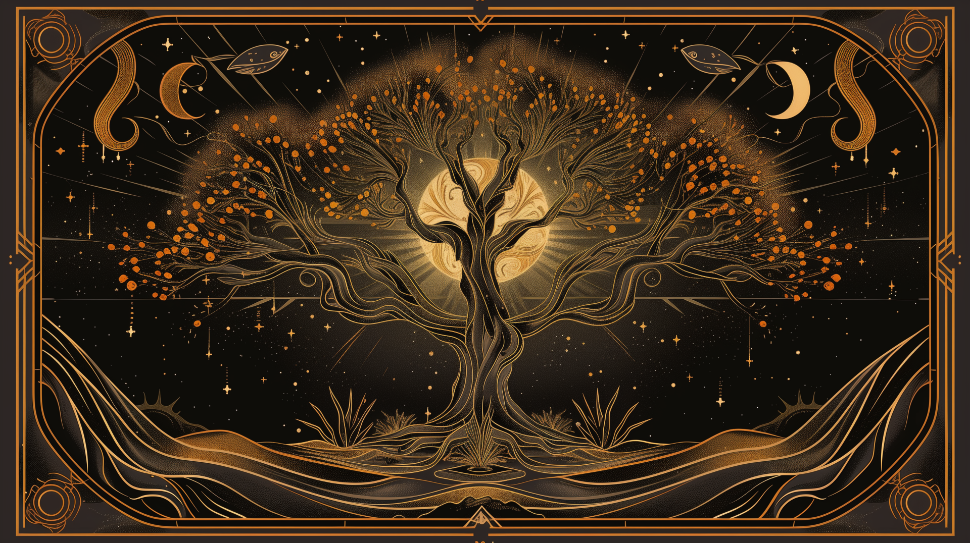 HD wallpaper featuring a mystical depiction of Yggdrasil, the world tree, with tarot symbols and celestial elements in the background. The intricate design creates a captivating desktop background.
