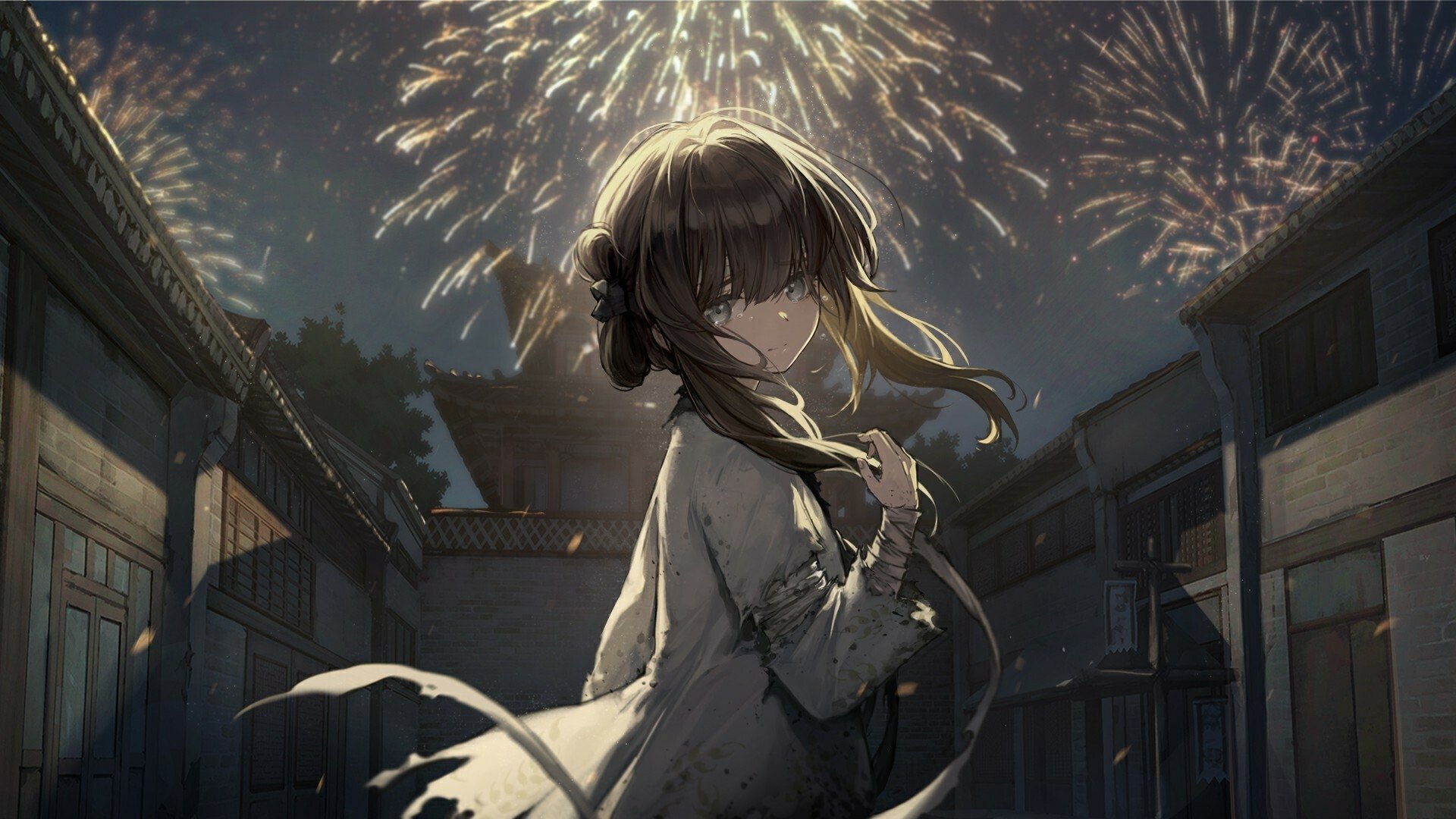 HD desktop wallpaper for the game The Hungry Lamb: Traveling in the Late Ming Dynasty, featuring an anime-style character against a backdrop of ancient architecture and fireworks.