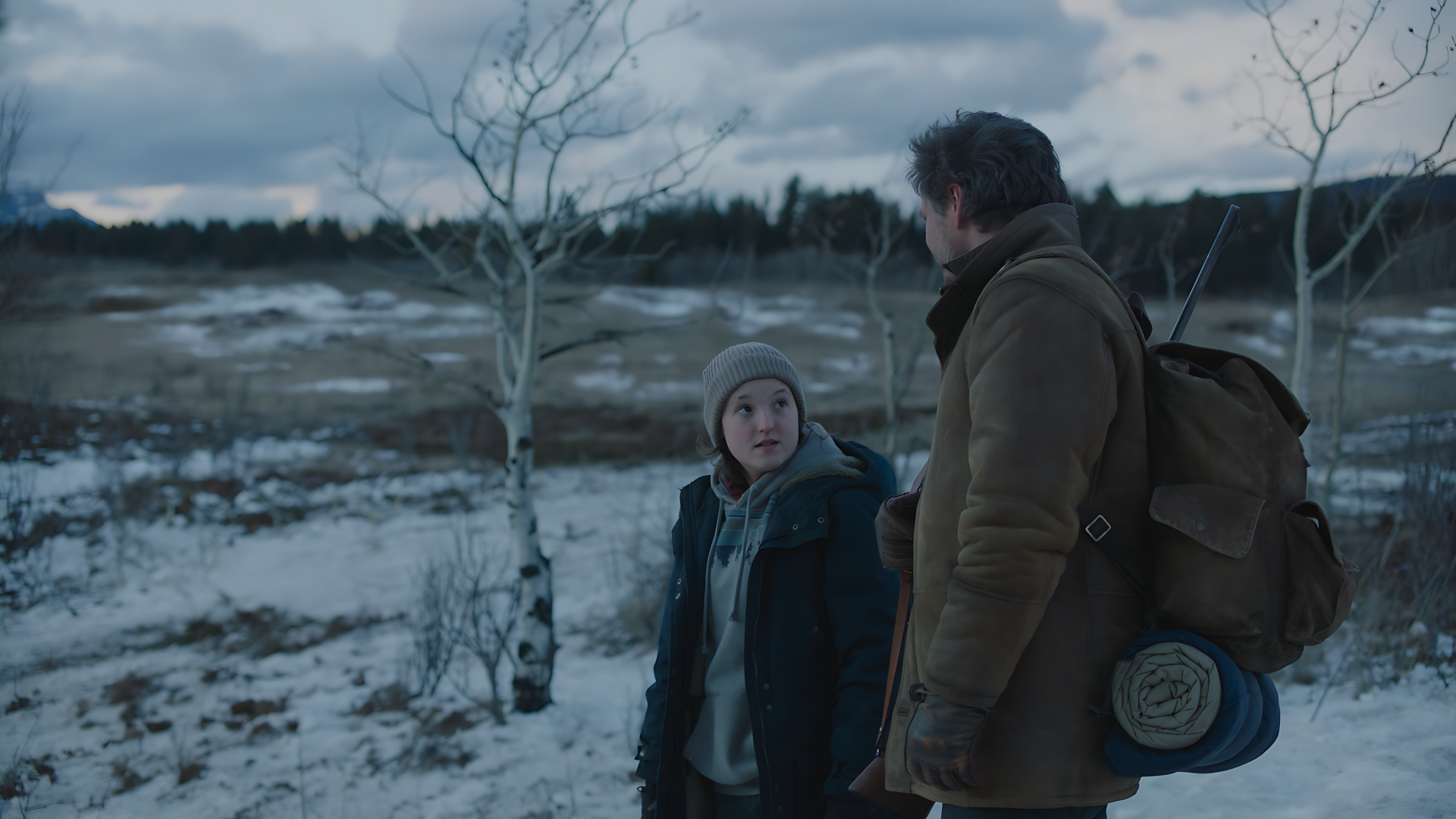 An 8K Ultra HD PC desktop wallpaper from The Last Of Us featuring two characters in a snowy, desolate landscape with bare trees and a cloudy sky.