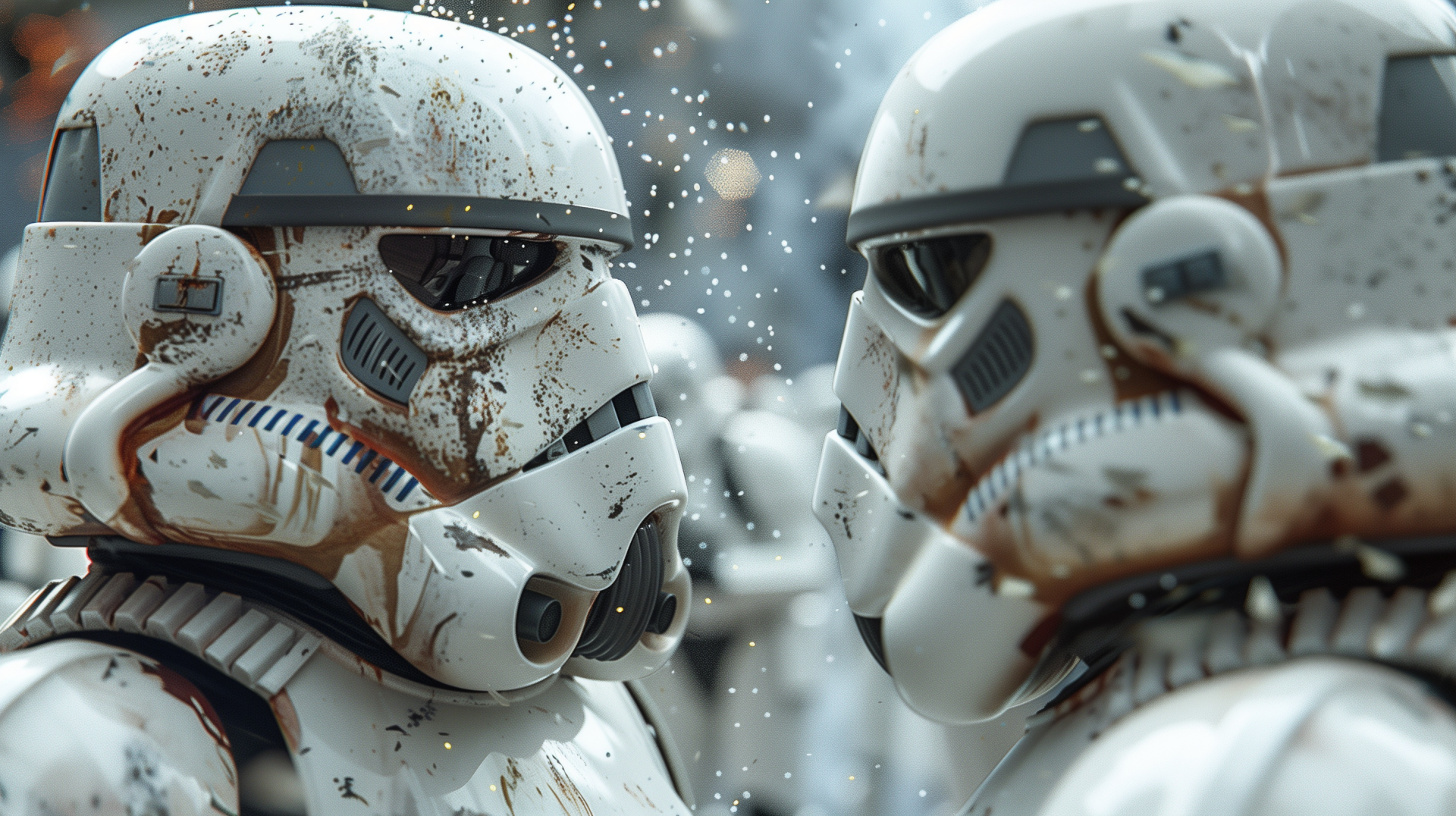 HD fan art of two weathered Star Wars stormtroopers facing each other, designed as a striking PC desktop wallpaper and background.