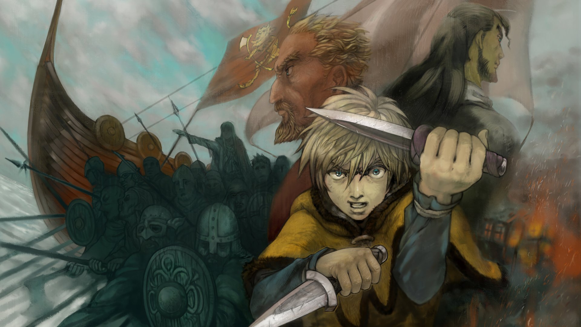 HD desktop wallpaper featuring characters Thorfinn, Askeladd, and Thors from Vinland Saga. Thorfinn holds a dagger with a determined expression, against a backdrop of Viking ships and warriors.