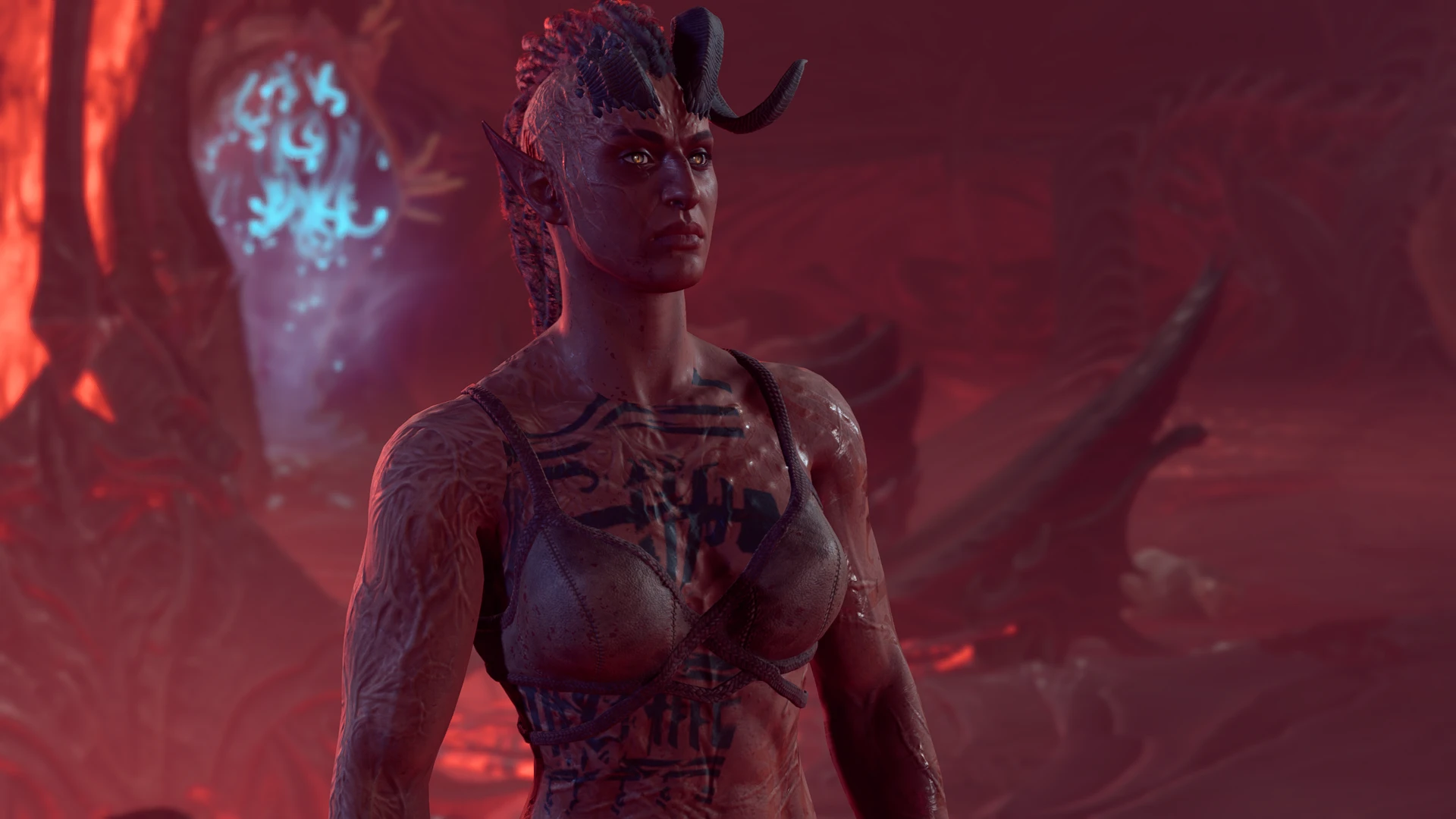 HD desktop wallpaper featuring Karlach from Baldur's Gate 3, set against a dramatic background with glowing runes and fiery ambiance.