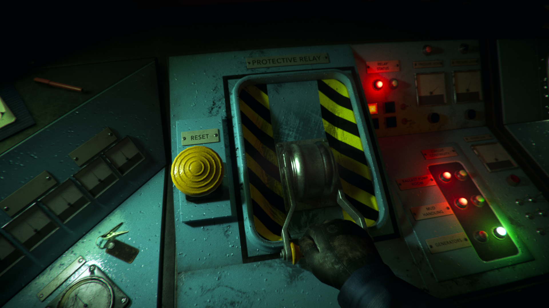 HD desktop wallpaper of the video game Still Wakes the Deep, featuring a tense atmosphere with a hand operating a lever on a control panel illuminated by various lights.