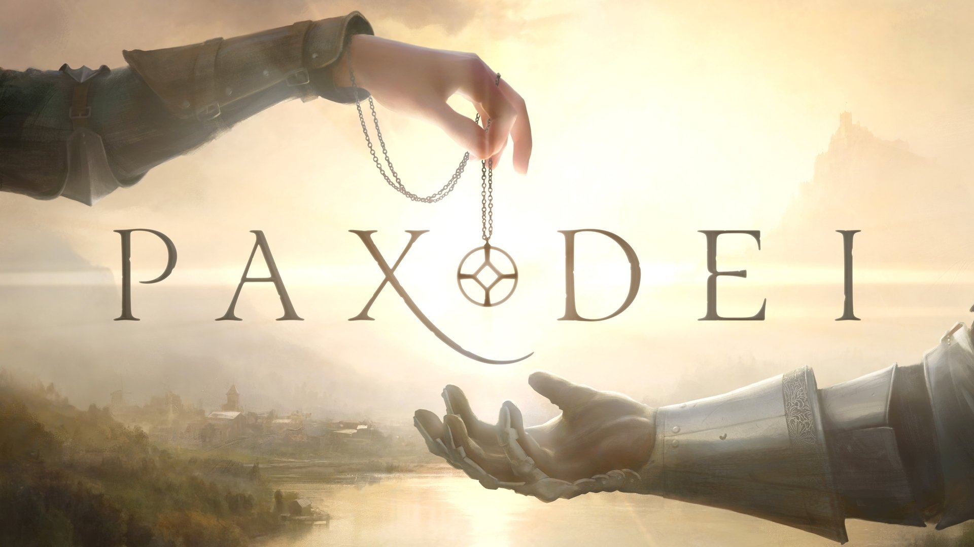 HD desktop wallpaper featuring the video game Pax Dei, showing two armored hands exchanging a pendant with a scenic landscape in the background.