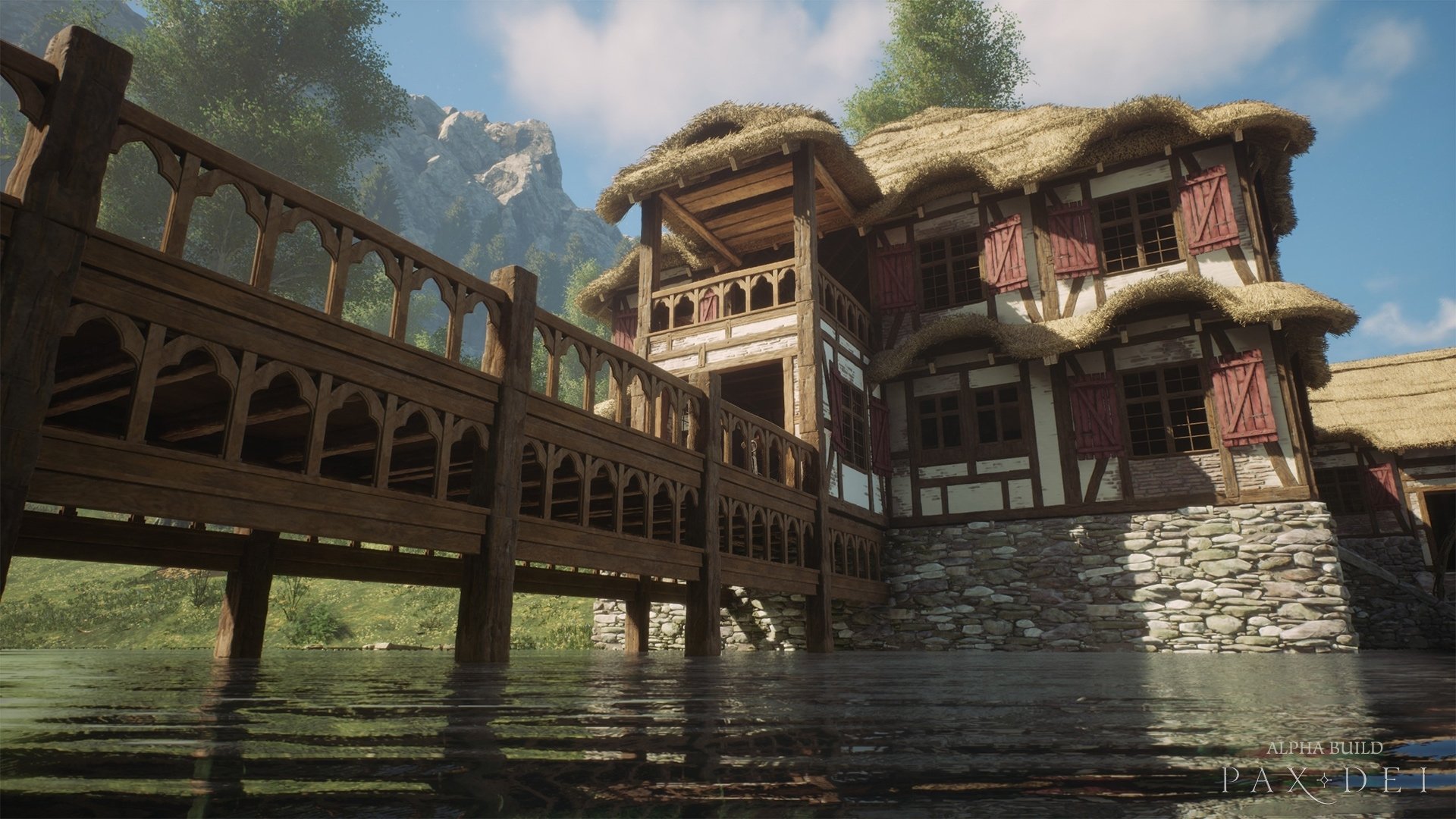 A high-definition desktop wallpaper featuring a scenic view from the video game Pax Dei, showcasing a rustic wooden bridge and an elaborate medieval-style building by the water under a blue sky.