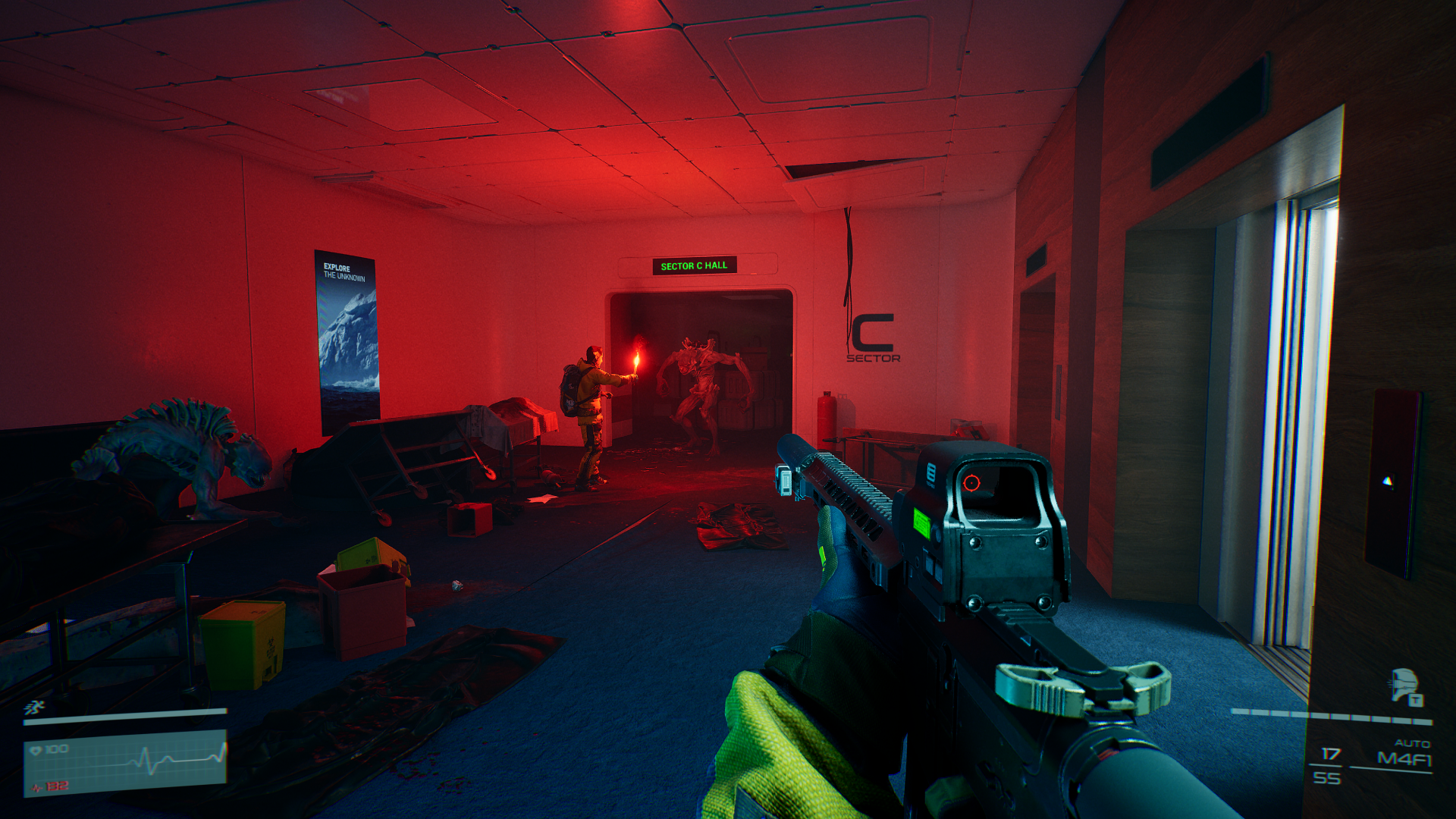 HD desktop wallpaper featuring an intense action scene from the video game Level Zero: Extraction, with characters navigating a dimly lit, red-tinged room.