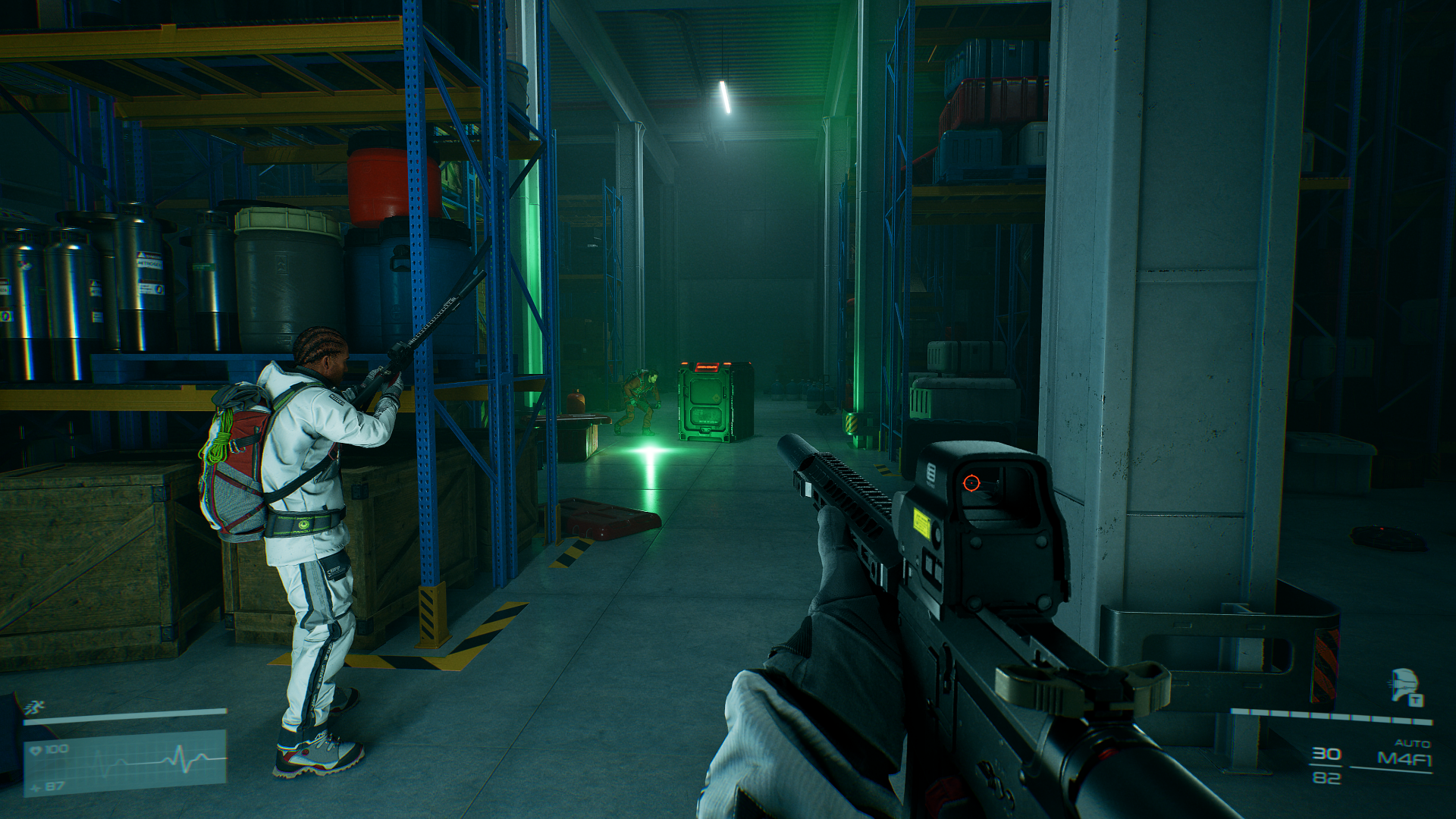 HD wallpaper and background from the video game Level Zero: Extraction, depicting a first-person perspective in a warehouse setting with two armed characters navigating through industrial shelving units.