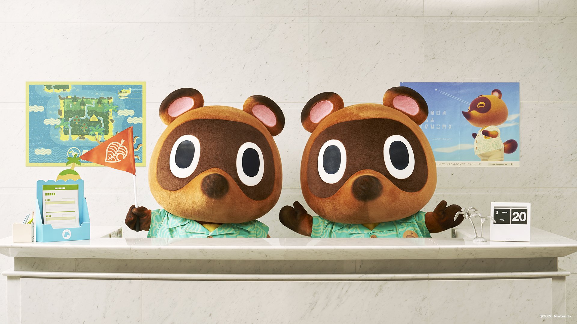 HD PC desktop wallpaper featuring Animal Crossing: New Horizons characters Timmy and Tommy behind a service counter with island map and game-themed decor.