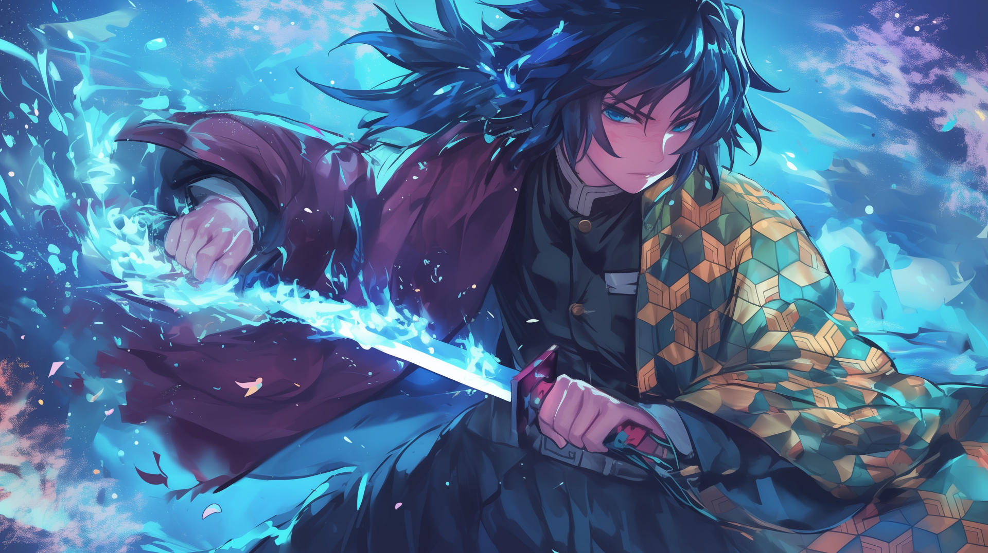 Anime illustration of Giyuu Tomioka from Demon Slayer: Kimetsu no Yaiba, featuring him in a dynamic pose with his sword drawn, against a vibrant blue background. This is a HD desktop wallpaper.