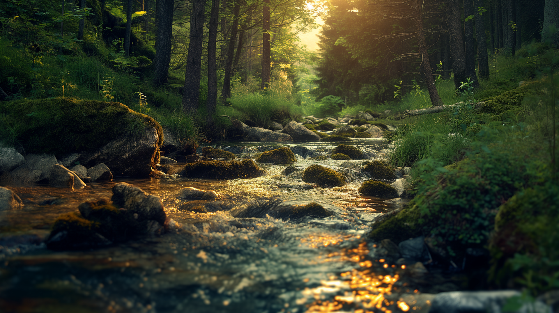 HD PC desktop wallpaper featuring a serene forest creek with sunlight filtering through tall trees, creating a peaceful and natural atmosphere.