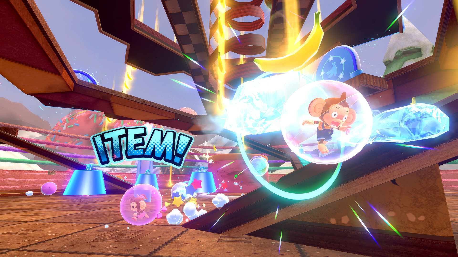 HD desktop wallpaper featuring a vibrant scene from the video game Super Monkey Ball Banana Rumble, showcasing characters in bubbles collecting items in a colorful, dynamic environment.