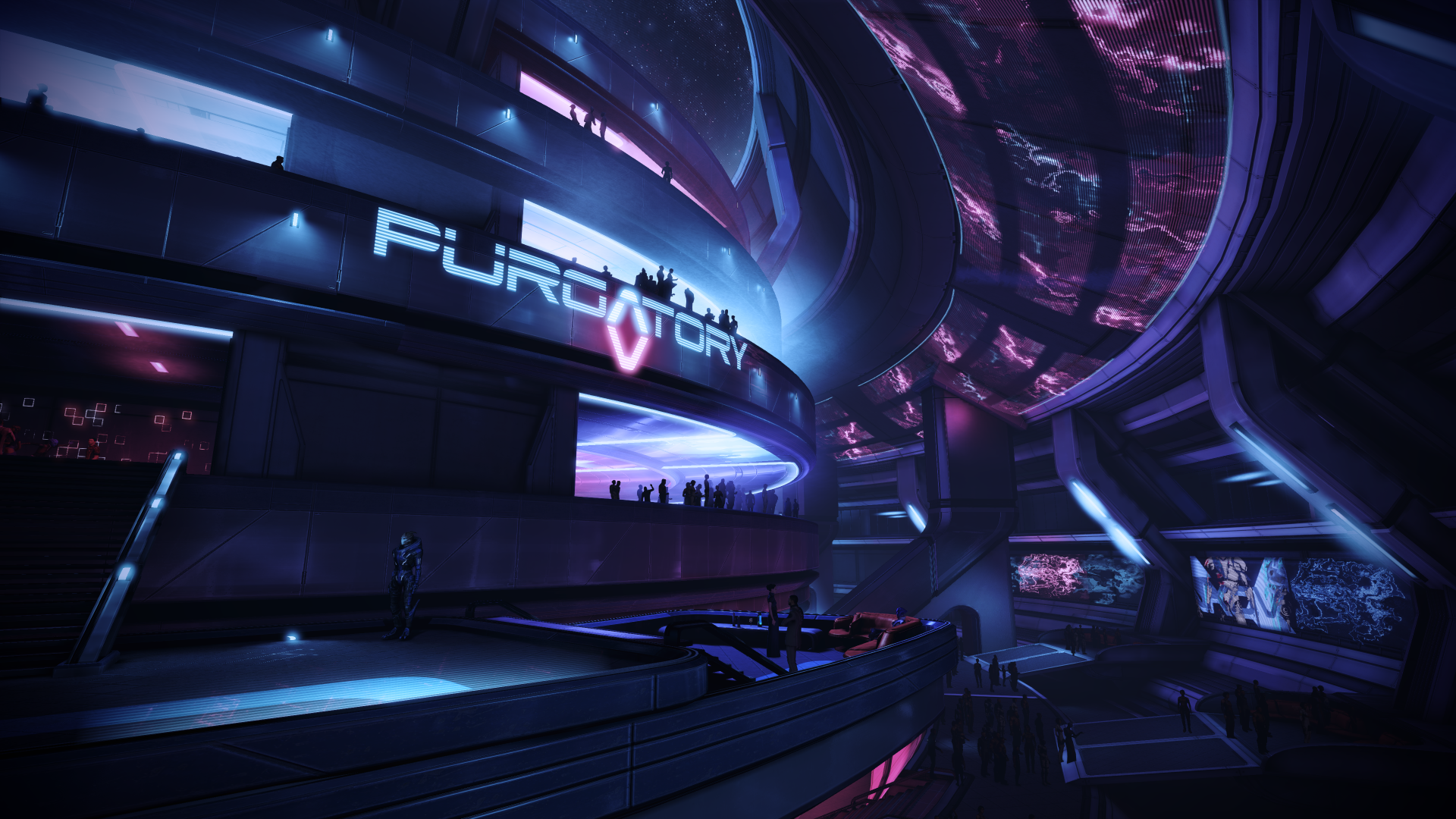 HD desktop wallpaper from Mass Effect 3, showcasing the vibrant, futuristic space setting of Purgatory nightclub. The scene is filled with blue and purple hues, embodying the game's immersive sci-fi atmosphere.