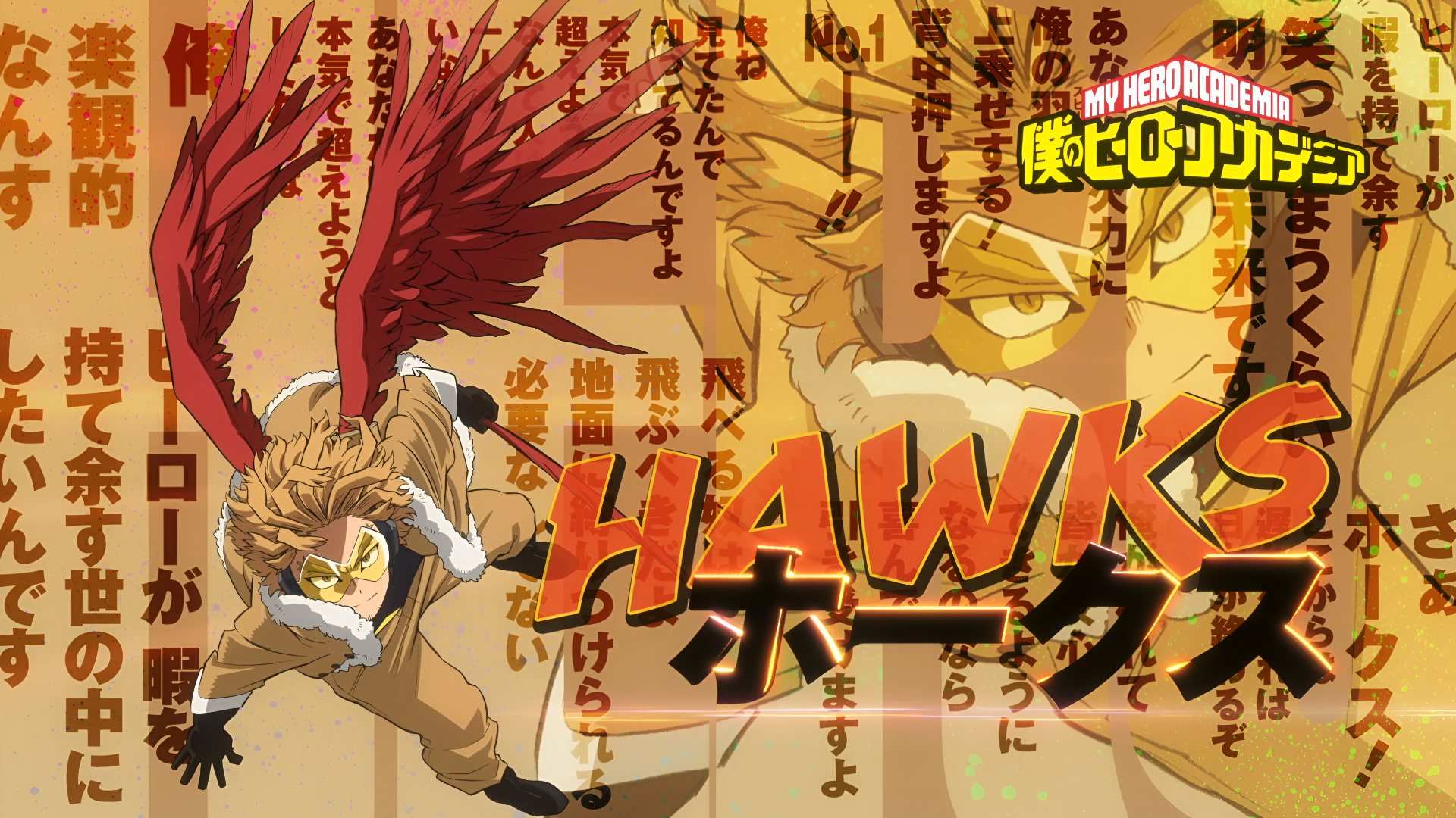 Anime wallpaper featuring Hawks from My Hero Academia in dynamic action pose with vibrant red wings, detailed 4K Ultra HD artwork and bold Japanese text accents.