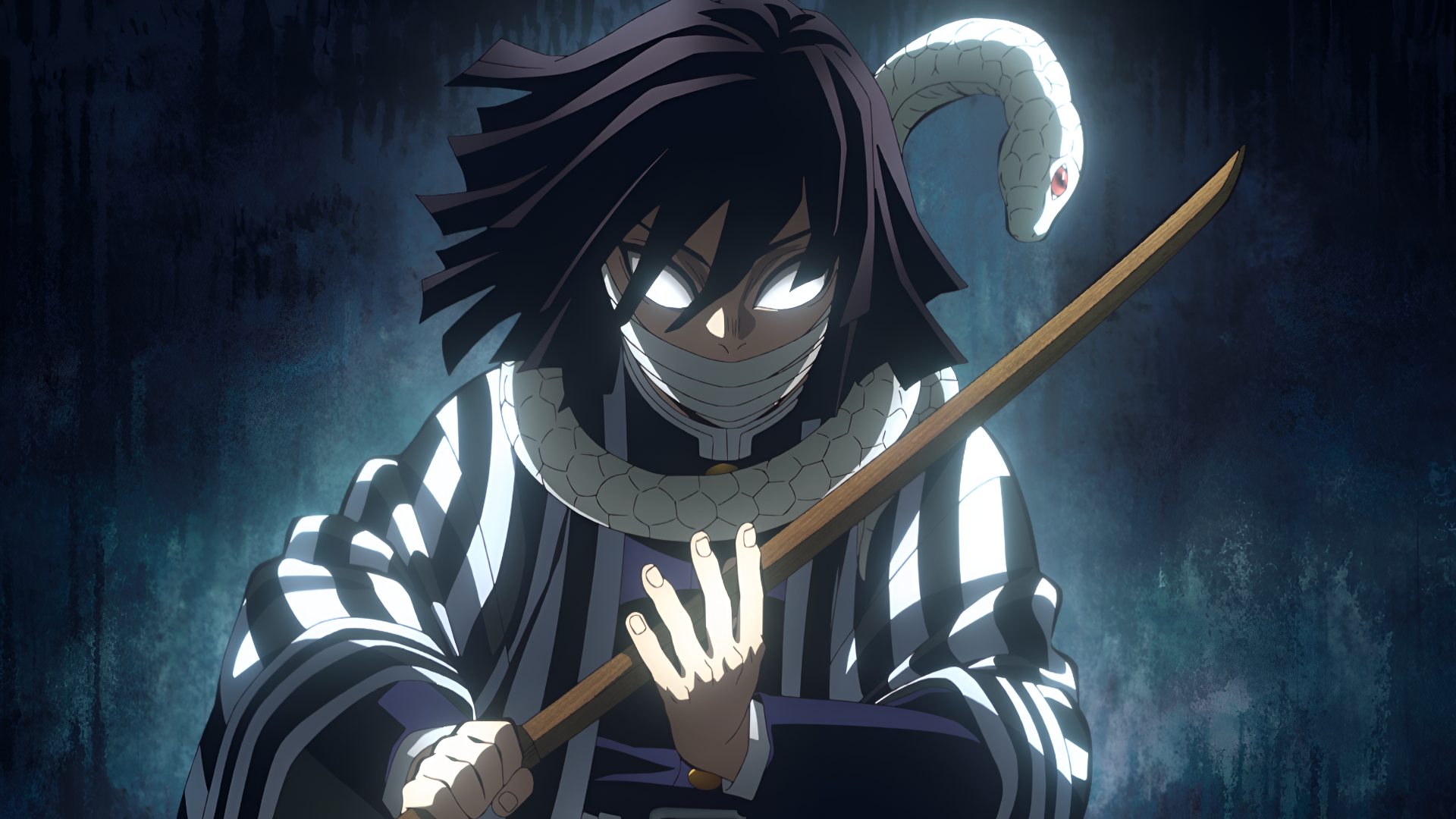 Obanai Iguro from Demon Slayer: Kimetsu no Yaiba stands with glowing eyes, gripping a katana wrapped in a white snake, rendered in 4K Ultra HD anime style.