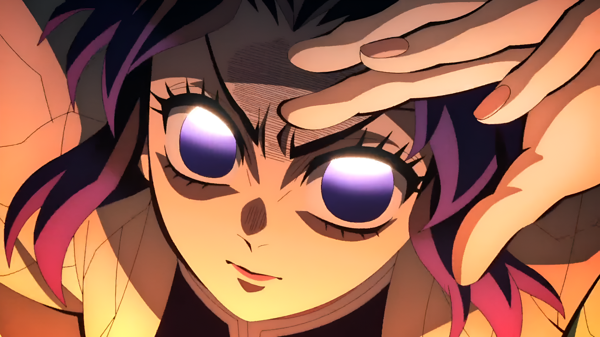 Close-up of Shinobu Kochou from Demon Slayer: Kimetsu no Yaiba, featuring vibrant purple eyes and detailed shading in a 4K Ultra HD anime desktop wallpaper.