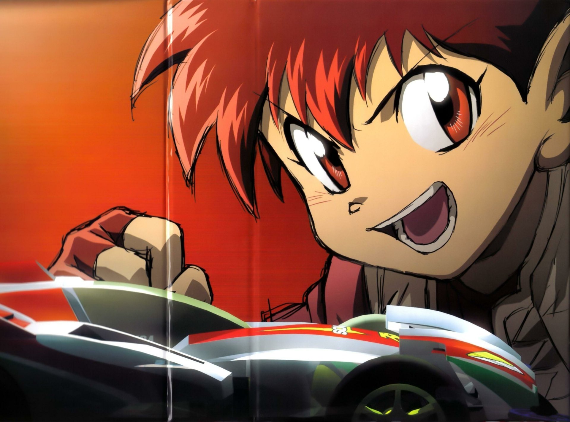 HD desktop wallpaper from the anime Bakusō Kyōdai Let's & Go!! featuring a red-haired character enthusiastically holding a small racing car against a vibrant orange background.