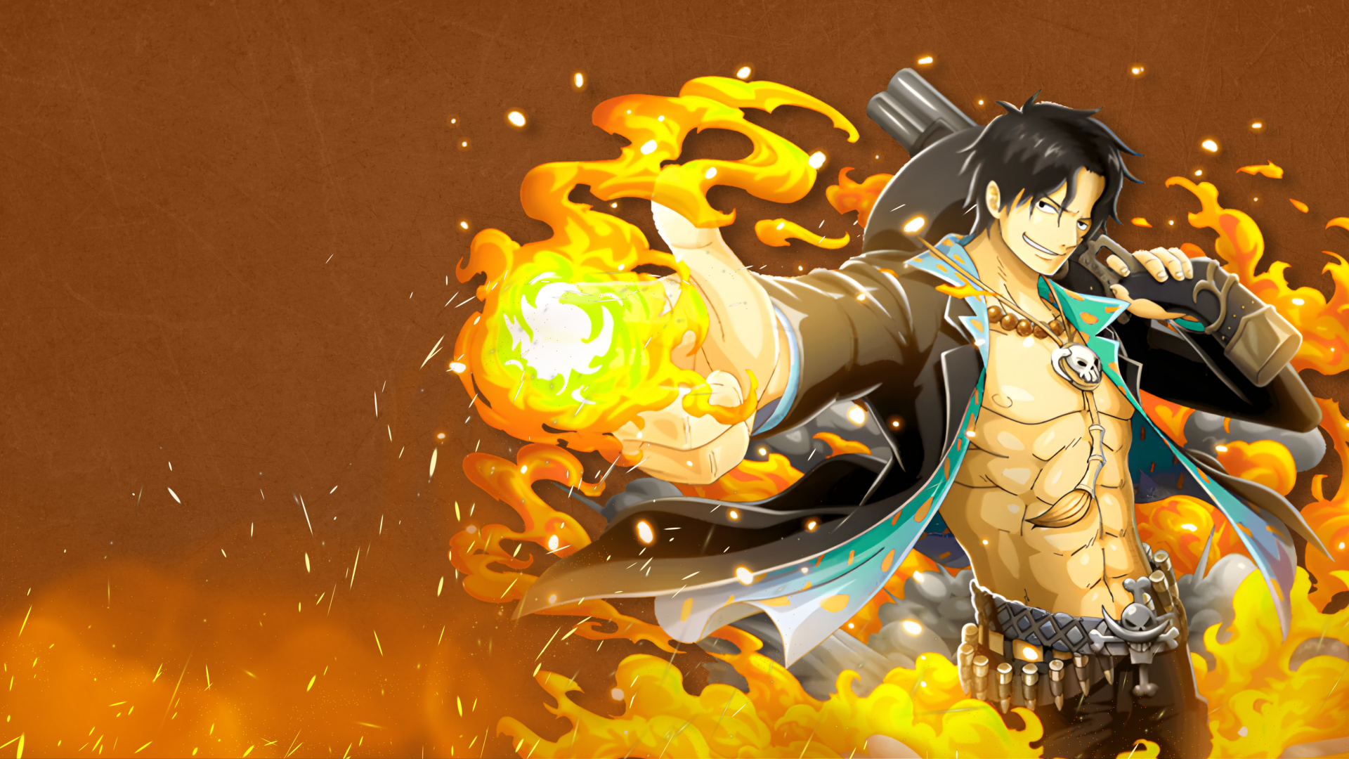 4K Ultra HD One Piece wallpaper featuring Portgas D. Ace wielding fiery flames with intense expression against a brown background.