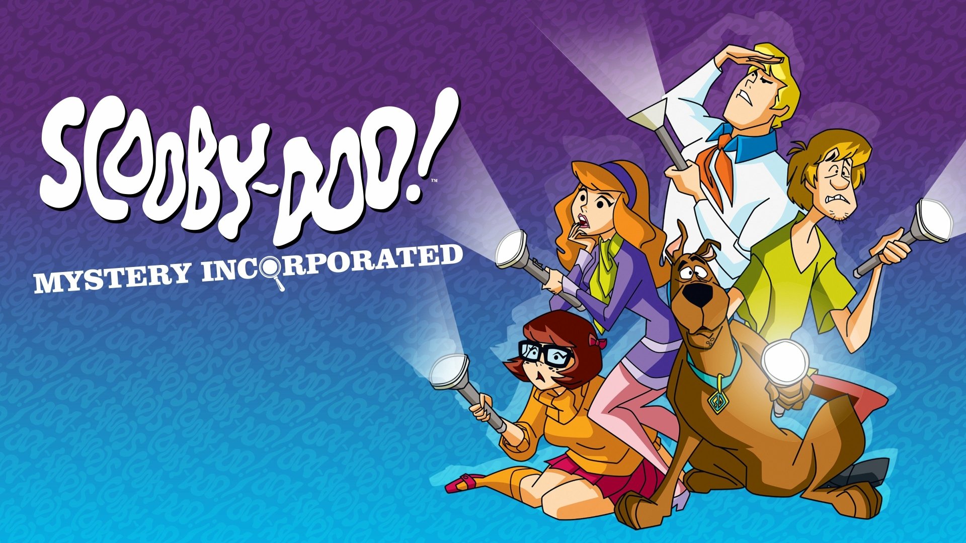 4K Ultra HD PC desktop wallpaper featuring the Scooby-Doo! Mystery Incorporated gang with flashlights against a purple and blue background.