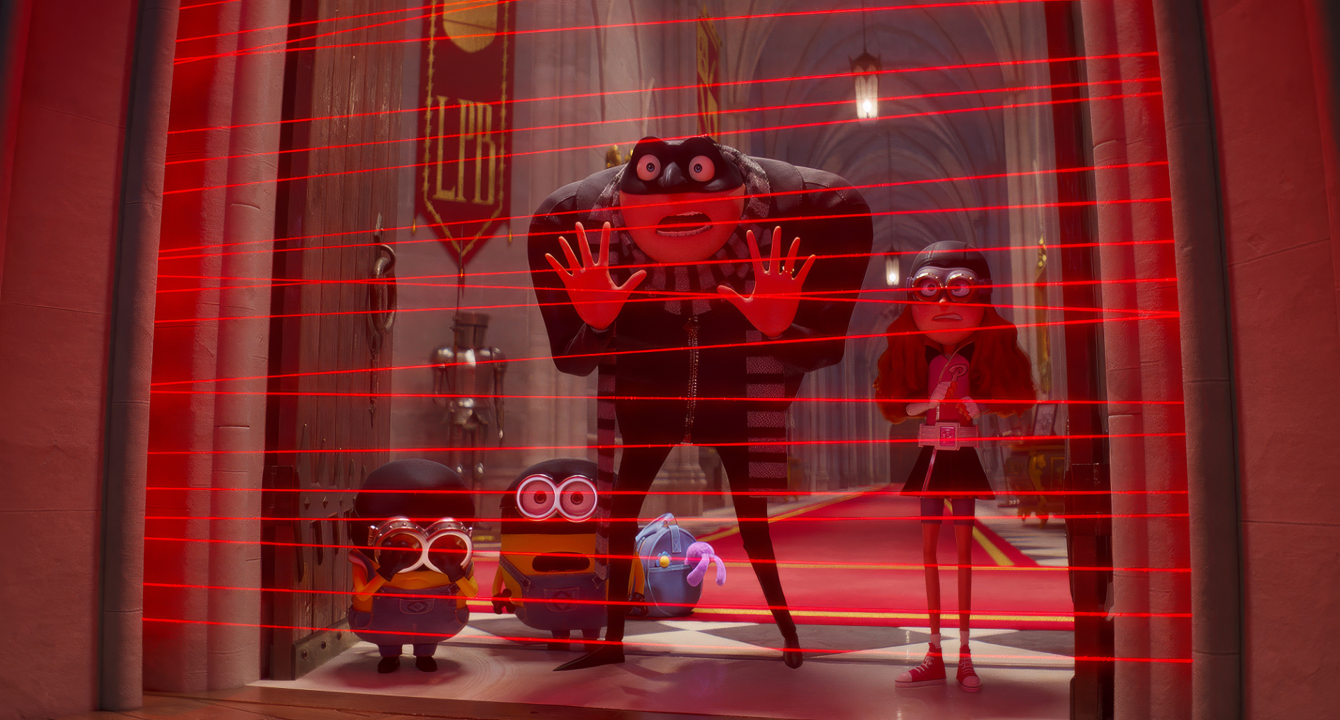HD wallpaper of Despicable Me 4 featuring Gru and the Minions caught in a room filled with red laser beams, standing with exaggerated expressions in a spacious, ornate hallway.