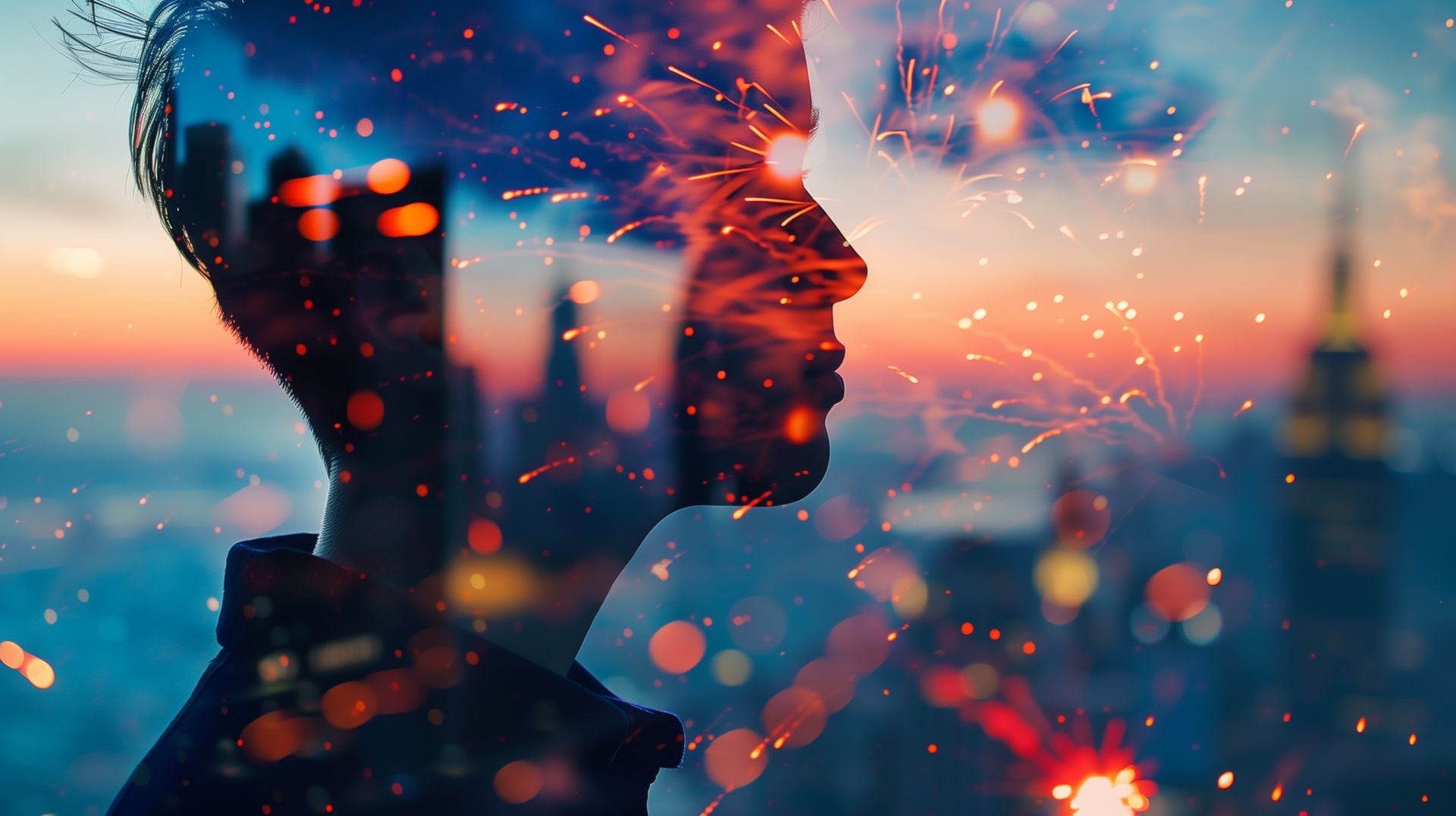 A double exposure artistic HD desktop wallpaper showing a man's face blended with vibrant city lights and fireworks at sunset in the background.