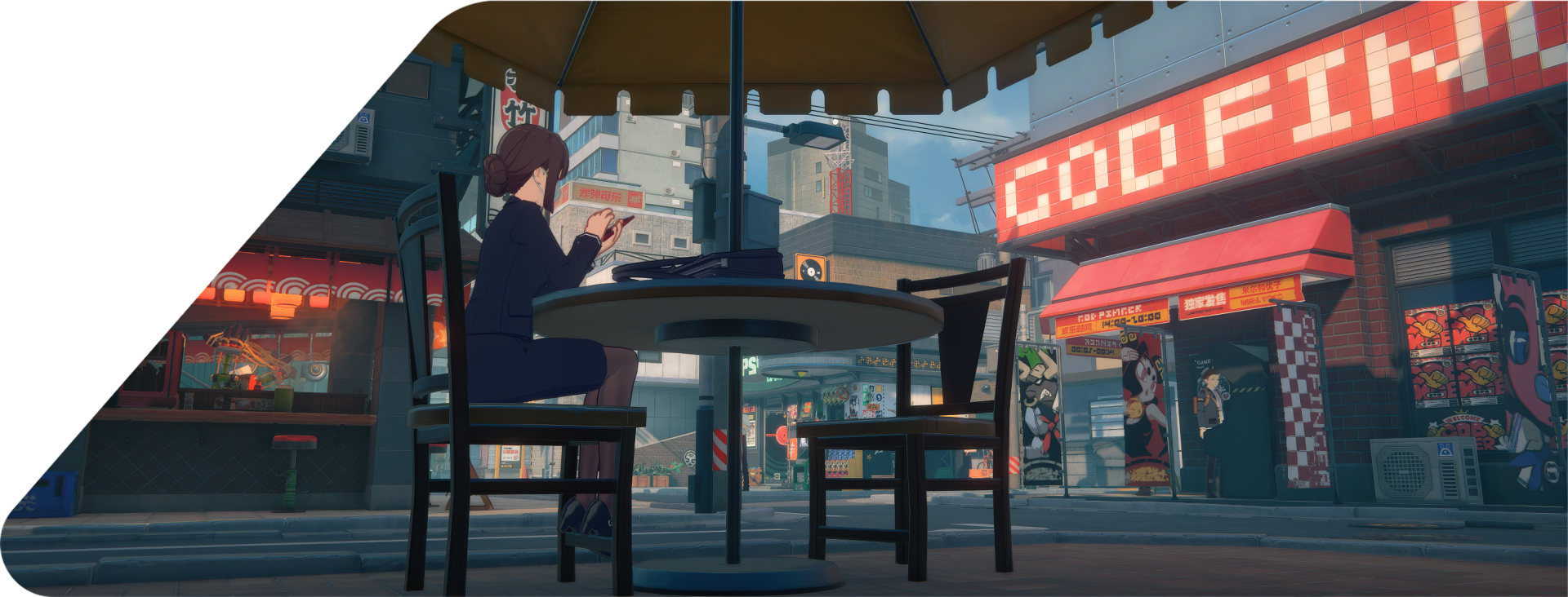HD desktop wallpaper from the video game Zenless Zone Zero, showing a character at an outdoor café in an urban setting with vibrant signage in the background.
