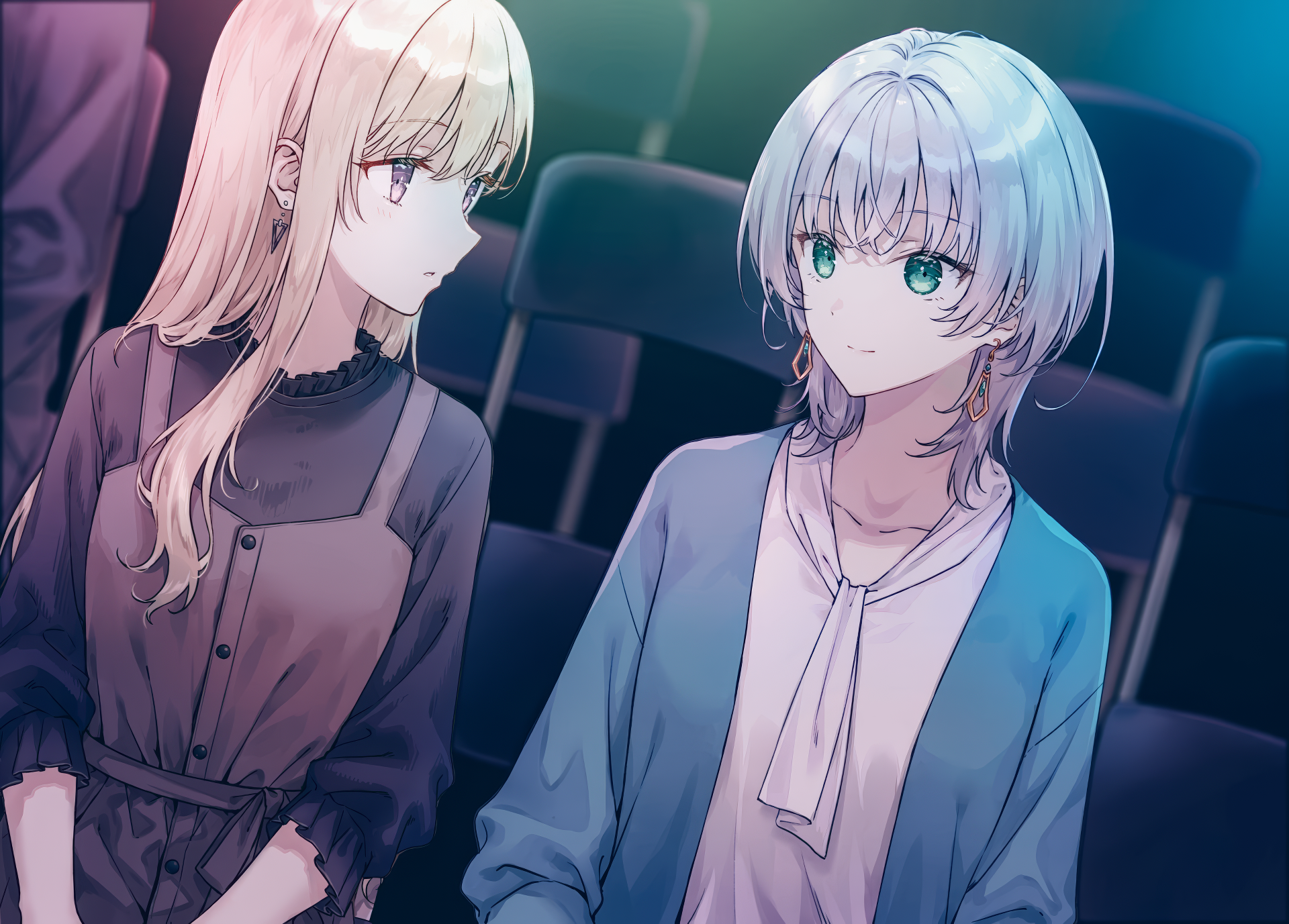 HD desktop wallpaper featuring two animated characters from Days with My Stepsister, depicting a blonde girl in a brown dress and a grey-haired girl in a blue cardigan, sitting and looking at each other.