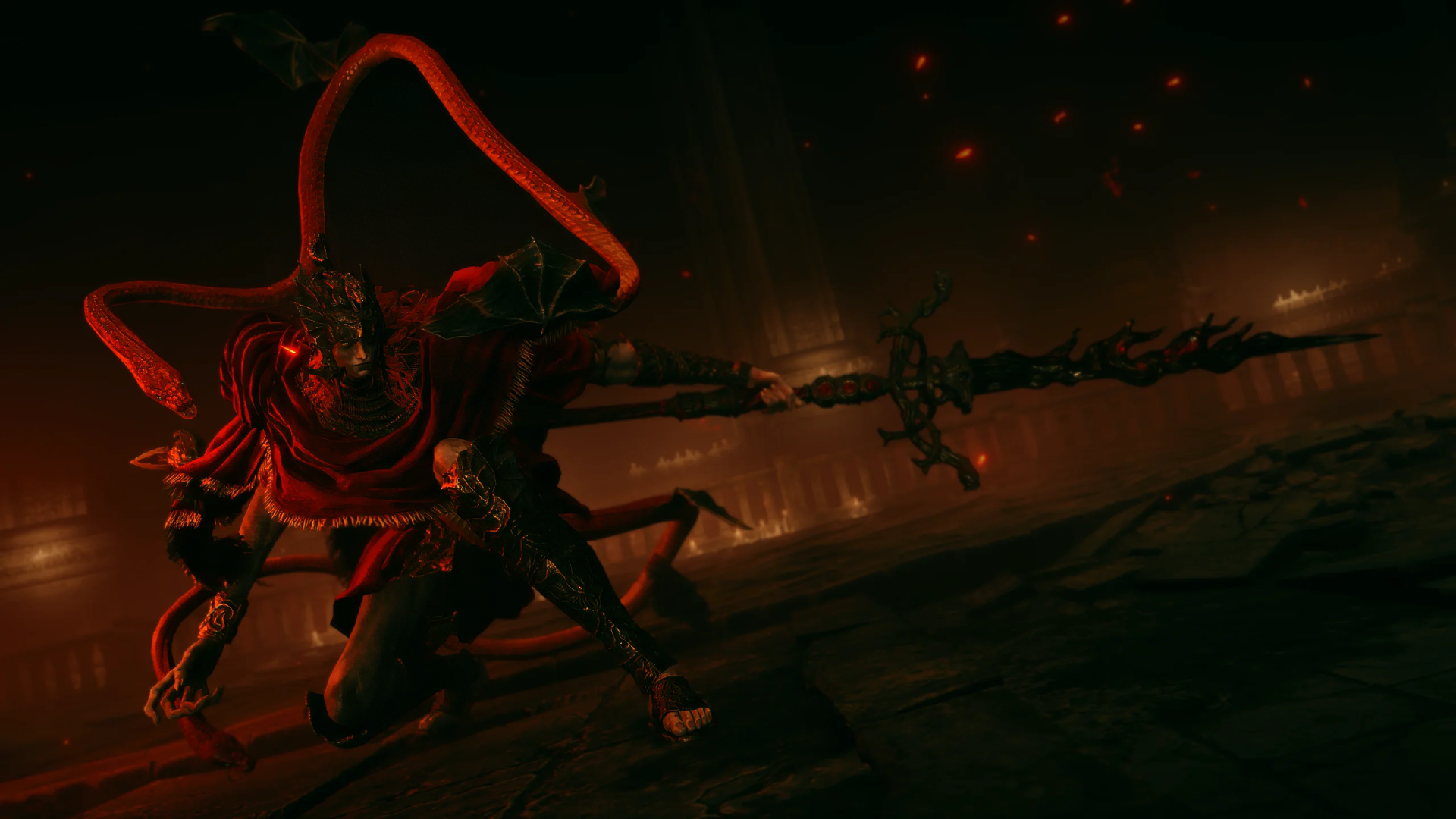 HD desktop wallpaper featuring Messmer the Impaler from Elden Ring: Shadow of the Erdtree. The character wields a menacing, barbed spear amidst a dark, ominous setting.