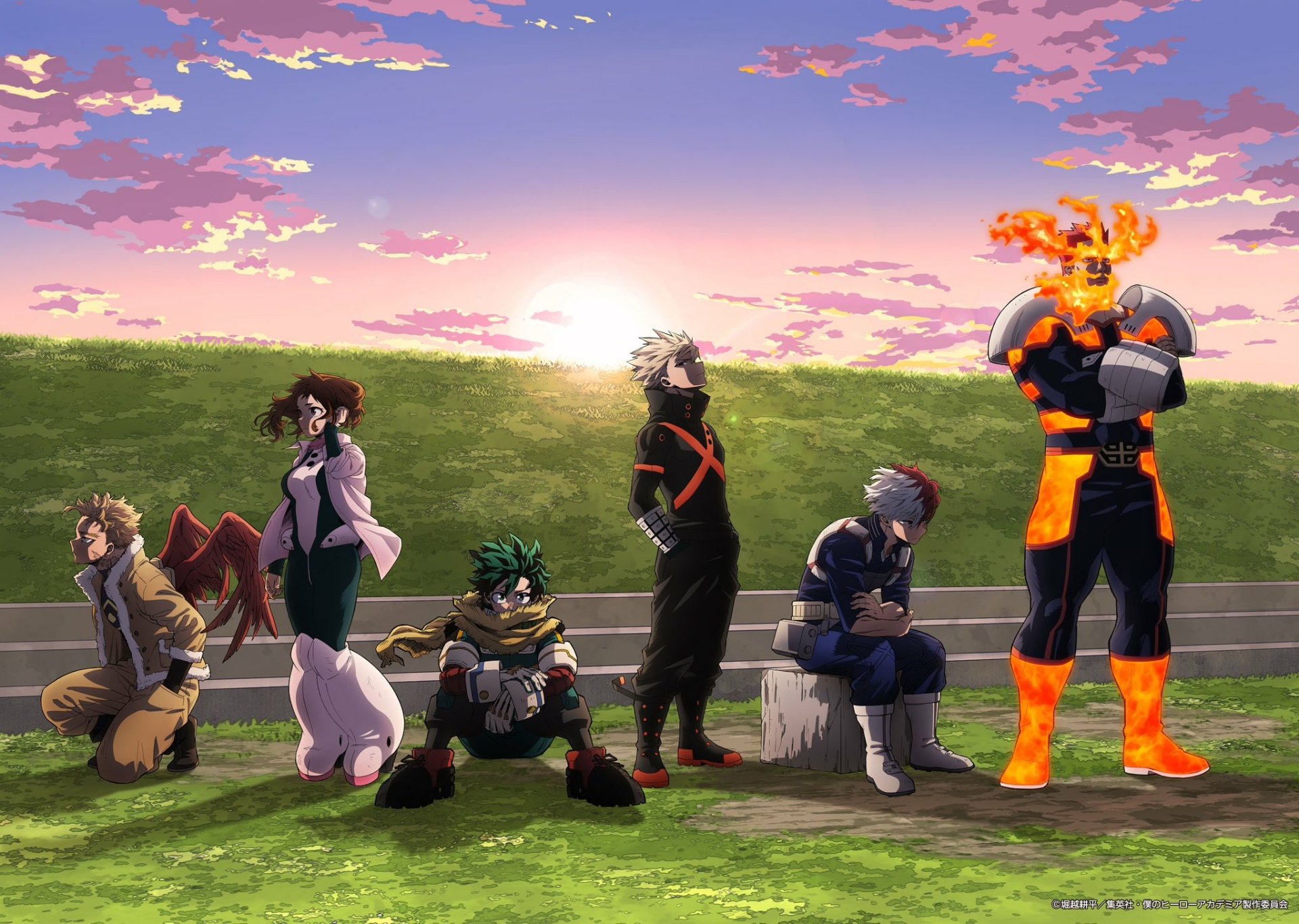 HD PC desktop wallpaper featuring characters from the anime My Hero Academia standing against a vibrant sunset sky with a grassy field backdrop.