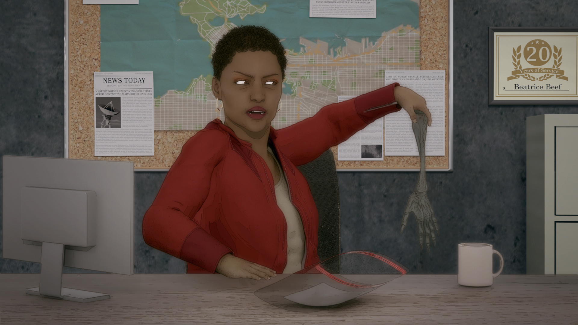 HD desktop wallpaper featuring a scene from the TV show Psi Cops, depicting a character with glowing eyes holding a spoon, sitting at a desk with a map and documents in the background.