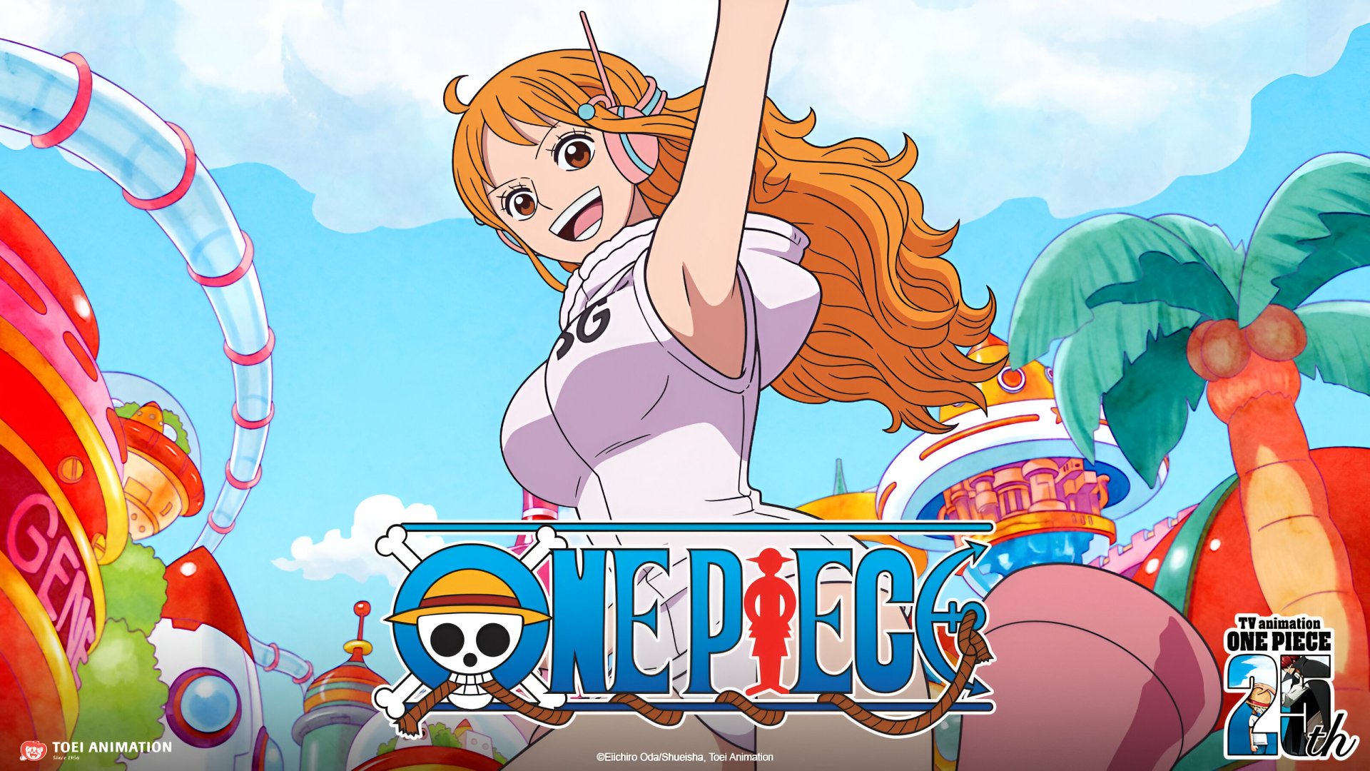Anime HD desktop wallpaper featuring Nami from One Piece with a vibrant amusement park background and the One Piece logo prominently displayed.
