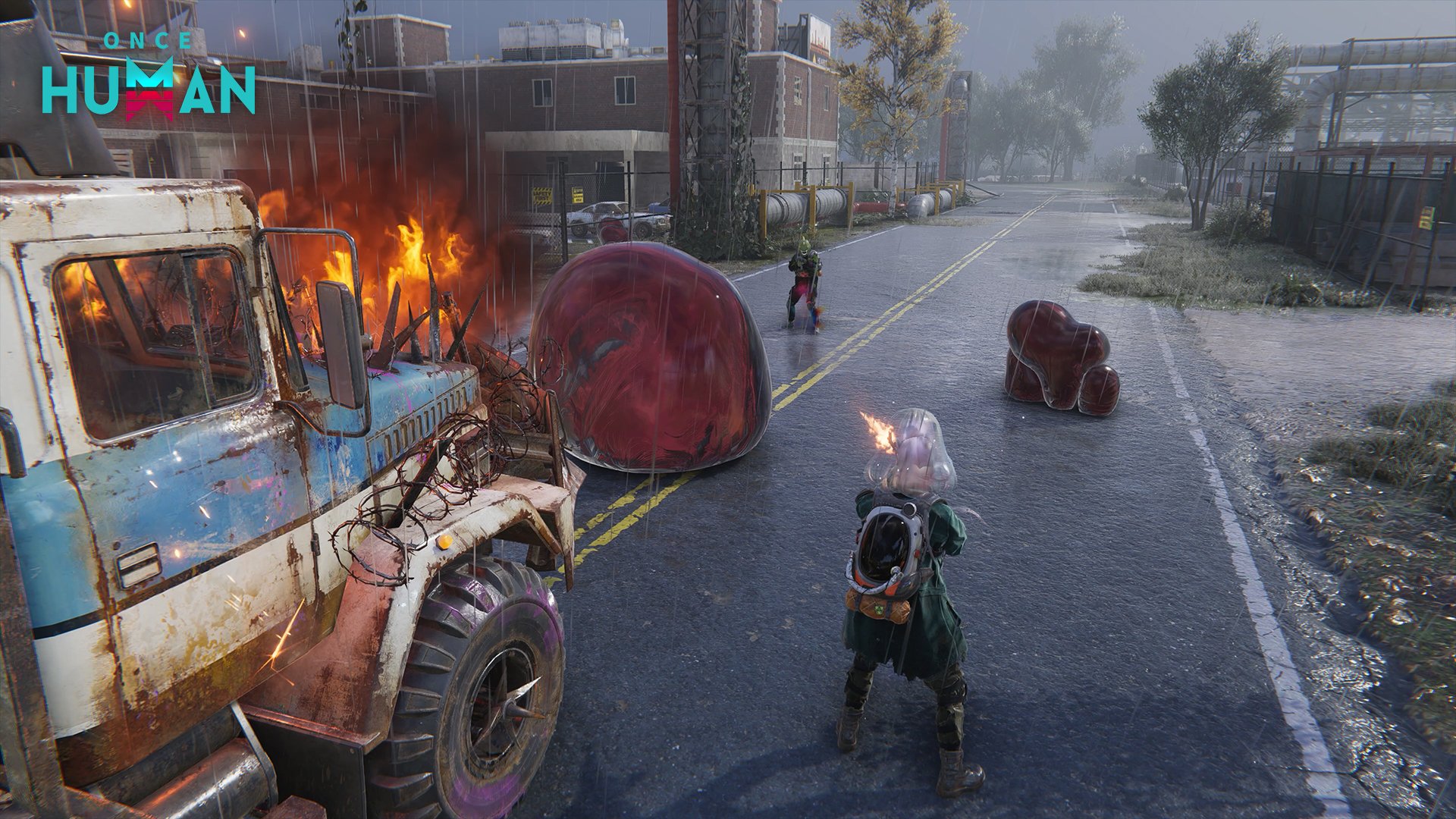 HD wallpaper of the video game Once Human, featuring characters in a post-apocalyptic setting with burning vehicles and ominous red biomass structures on a rainy street.