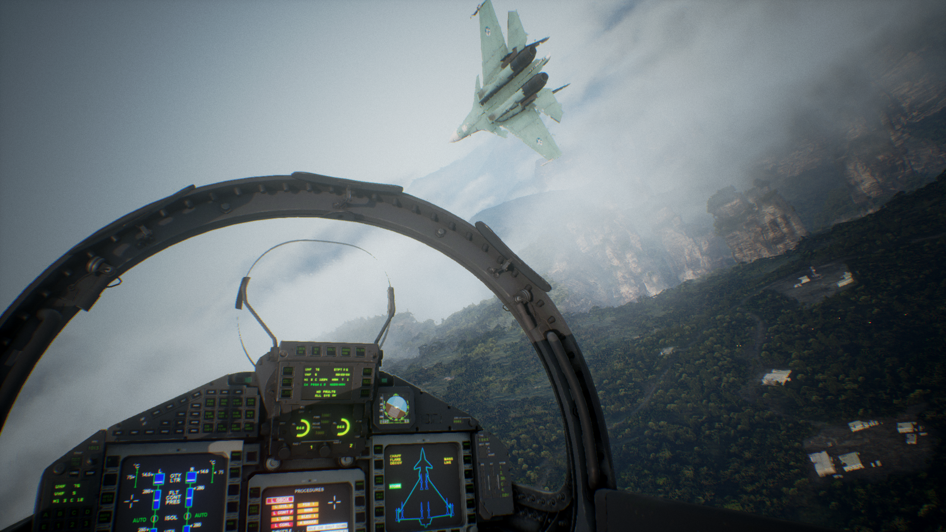 HD desktop wallpaper featuring an aerial combat scene from Ace Combat 7: Skies Unknown, showcasing a fighter jet in pursuit viewed from the cockpit amidst a cloudy sky and rugged terrain below.