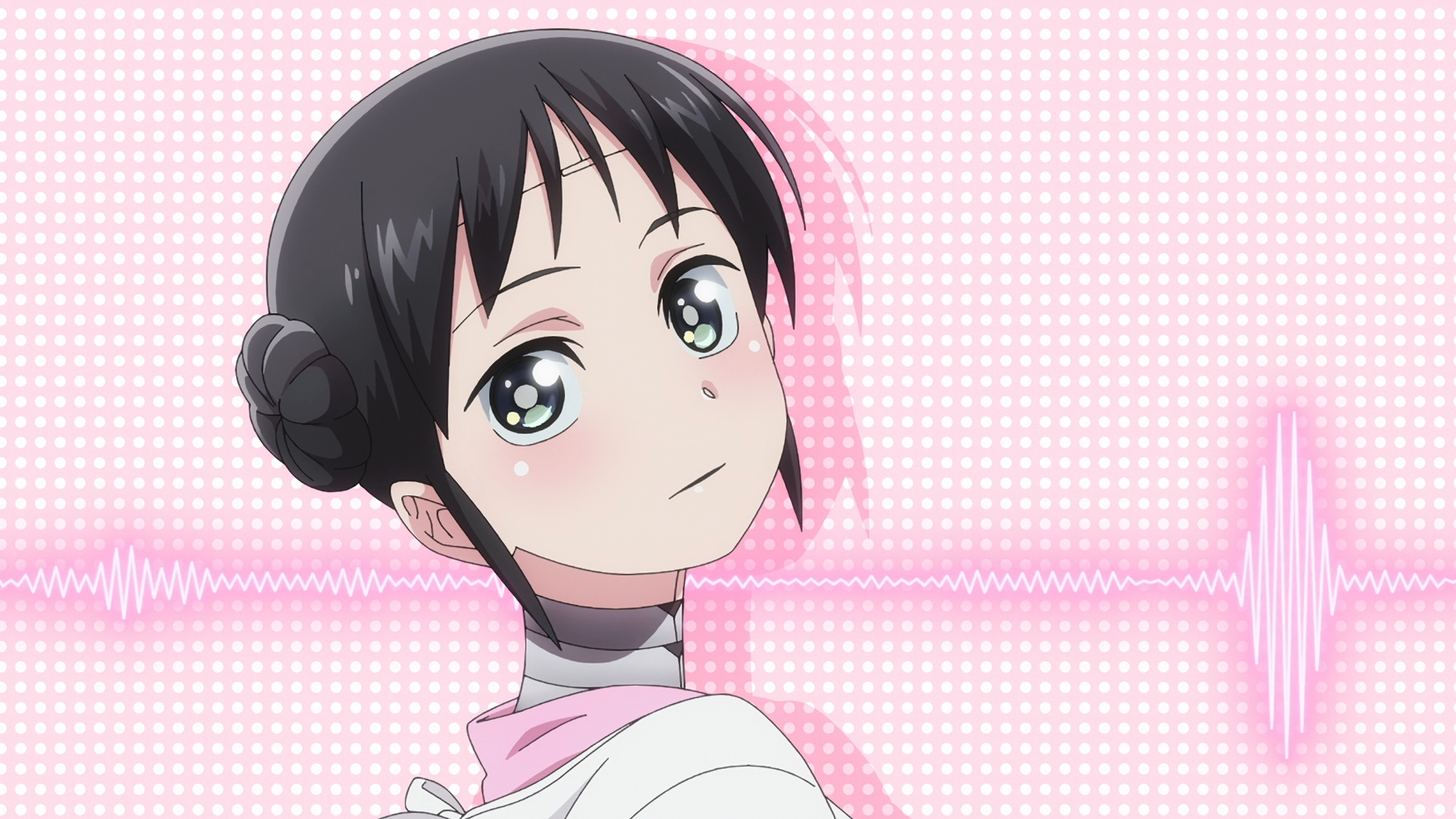 HD PC desktop wallpaper featuring Mina from the anime My Wife Has No Emotion, set against a pink background with heartbeat wave patterns.