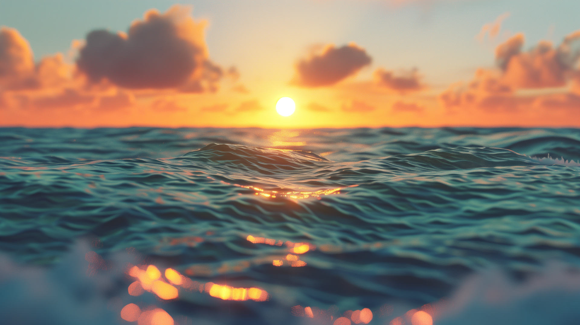 HD desktop wallpaper of an ocean sunset, featuring vibrant colors and gentle waves under a glowing sky with scattered clouds.