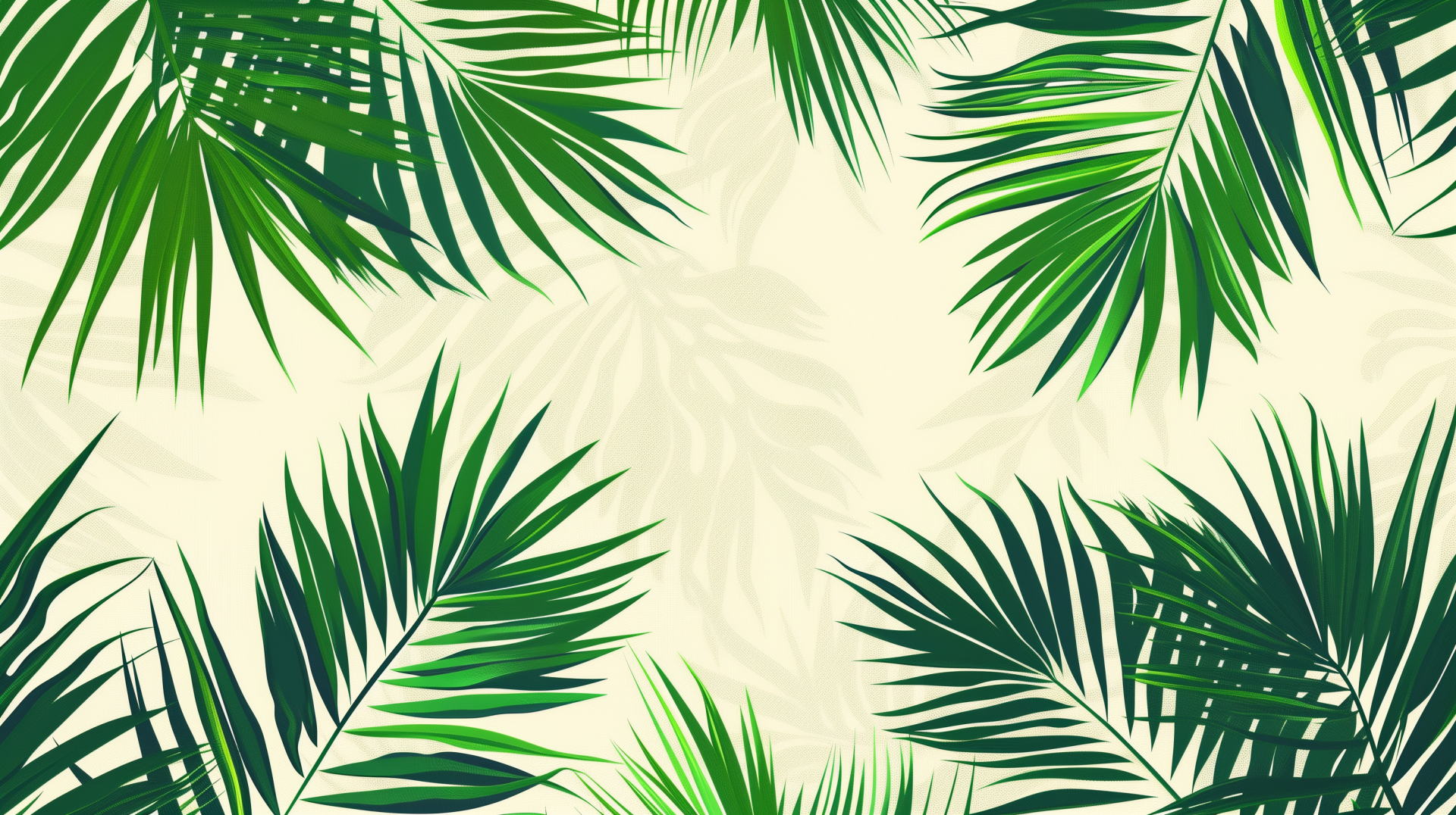 HD desktop wallpaper with vibrant green palm leaves set against a light beige background.