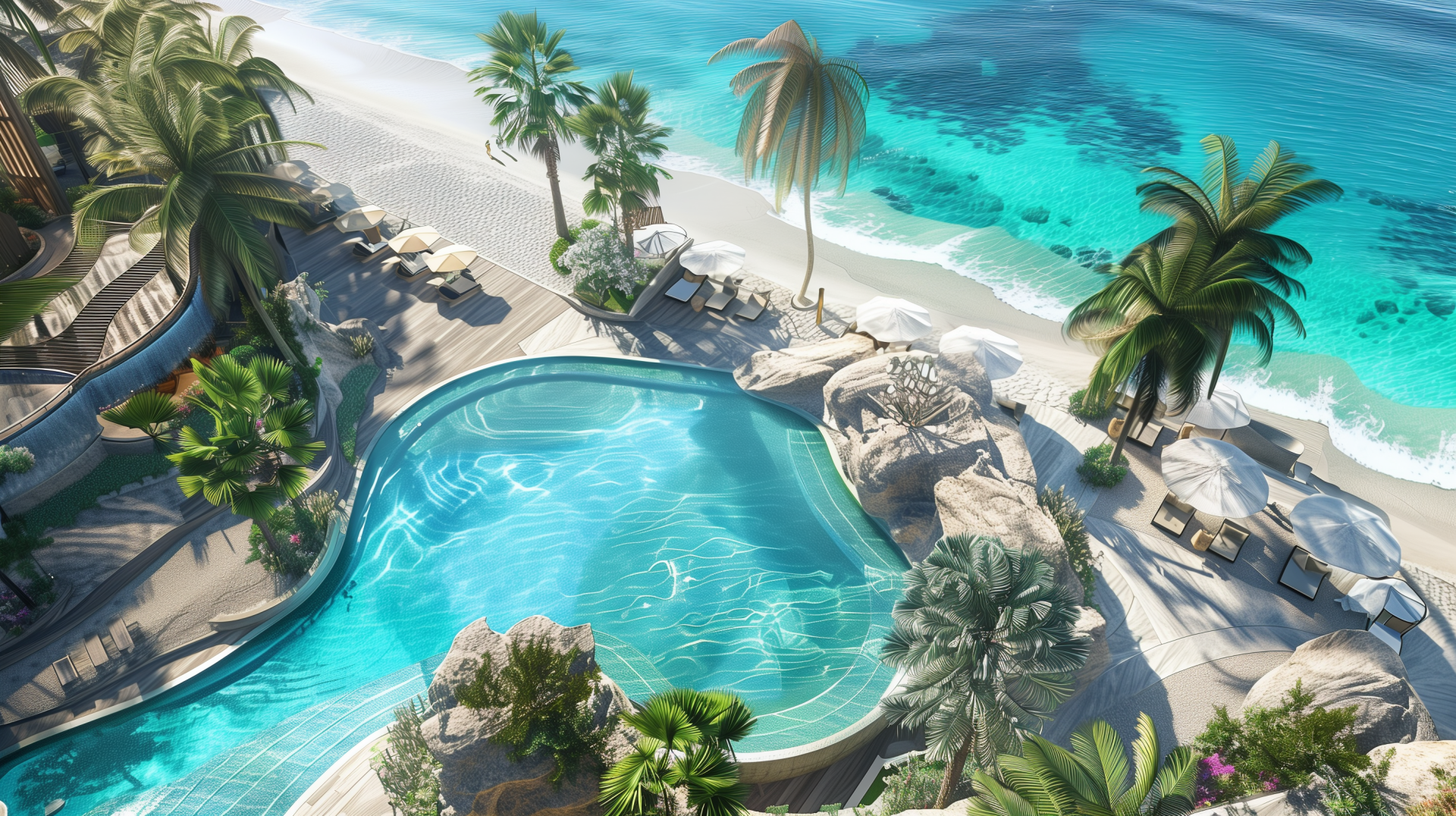 A stunning HD desktop wallpaper featuring a luxurious beach vacation scene with a crystal-clear pool surrounded by palm trees, sun loungers, and a pristine sandy beach with turquoise waters.