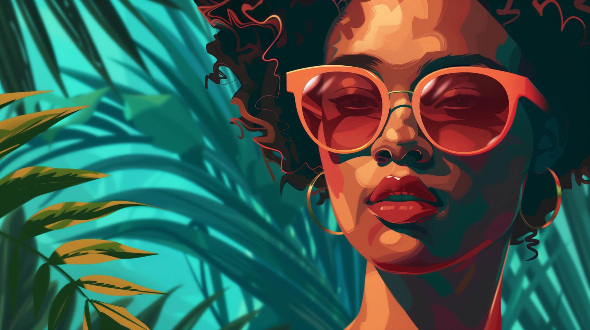 Illustrated woman with vibrant red sunglasses, curly hair, and hoop earrings, exudes summer aesthetic against a backdrop of lush tropical leaves. HD desktop wallpaper and background.