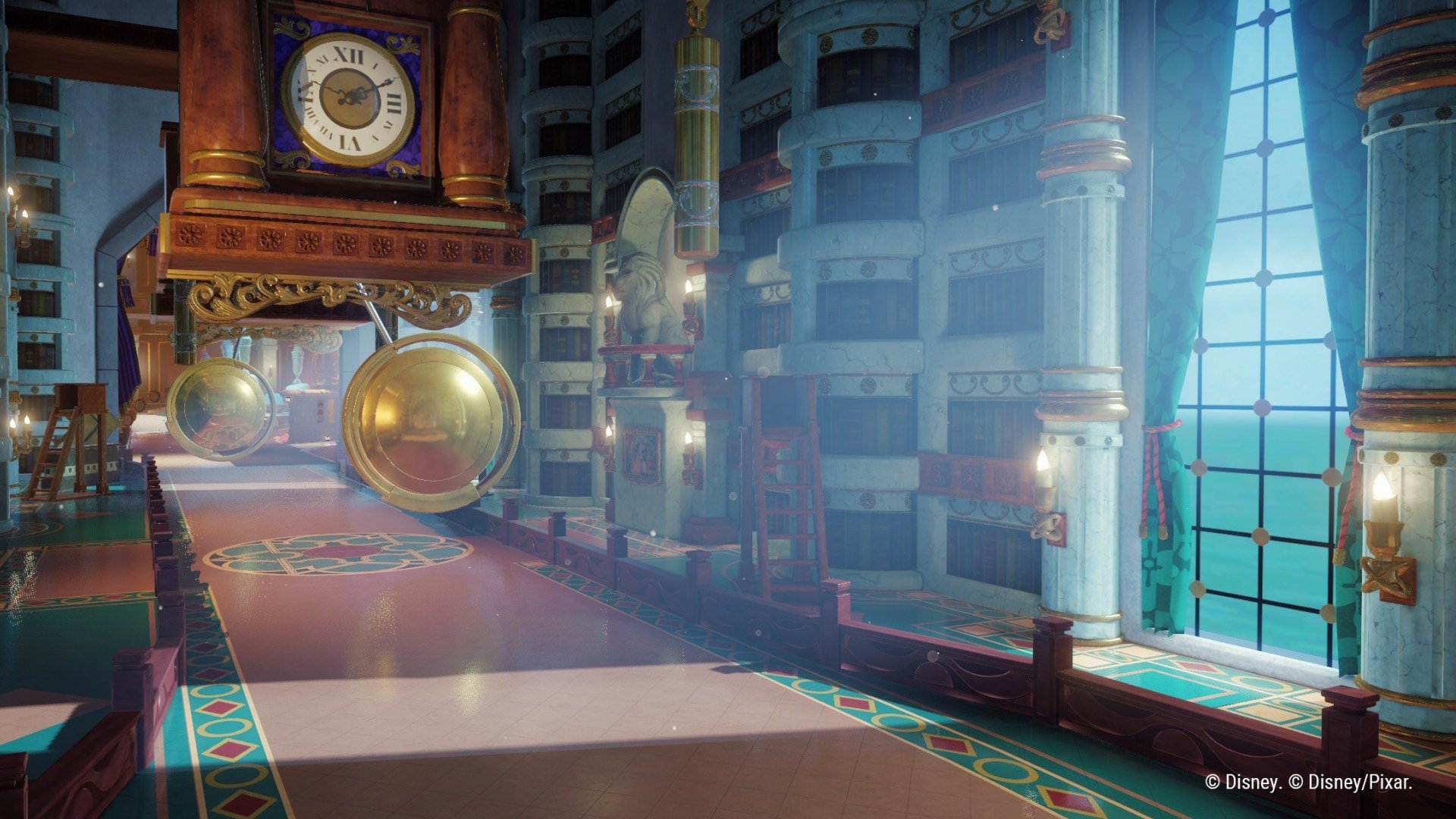 HD desktop wallpaper featuring a scene from the video game Disney Speedstorm, showcasing an elaborate clock mechanism next to a sunlit window, under a high ceiling adorned with intricate details.