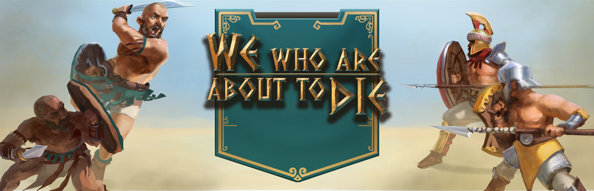 HD desktop wallpaper for the video game We Who Are About To Die featuring an armored warrior on the right and a bearded fighter on the left.