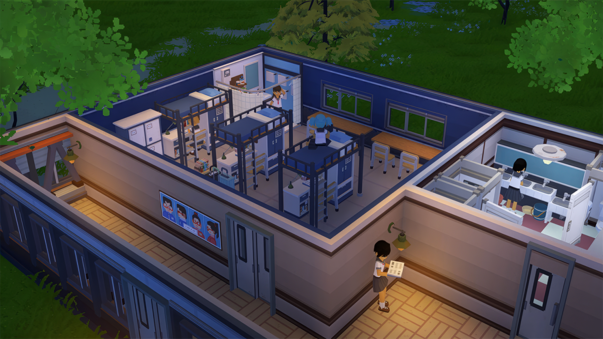 HD desktop wallpaper featuring a scene from the video game Let's School, depicting a detailed, top-down view of a school building with classrooms and students.