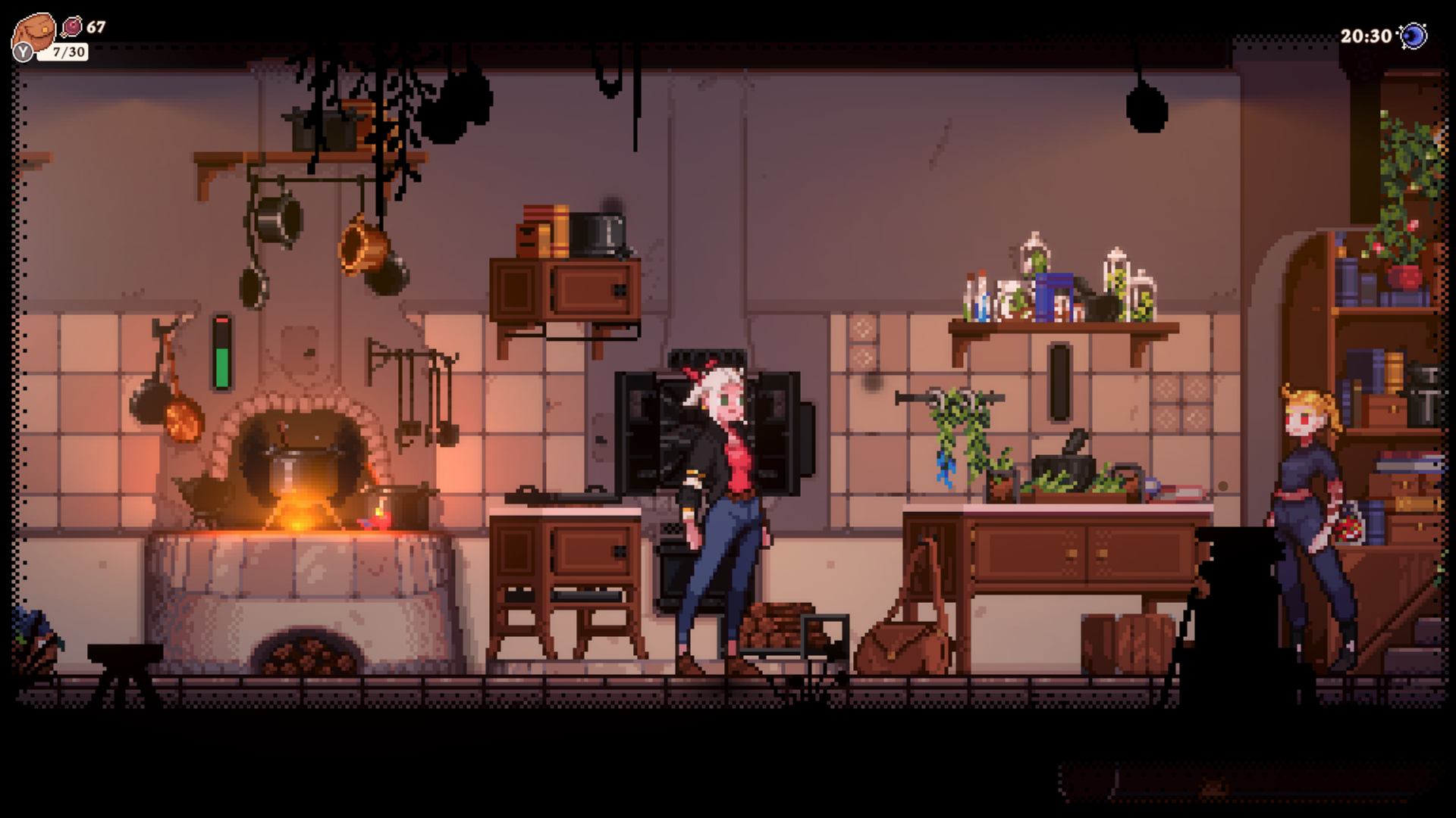 HD wallpaper featuring a cozy kitchen scene from the video game “Magical Delicacy,” depicting two animated characters in a rustic kitchen with a glowing hearth and various cooking utensils.
