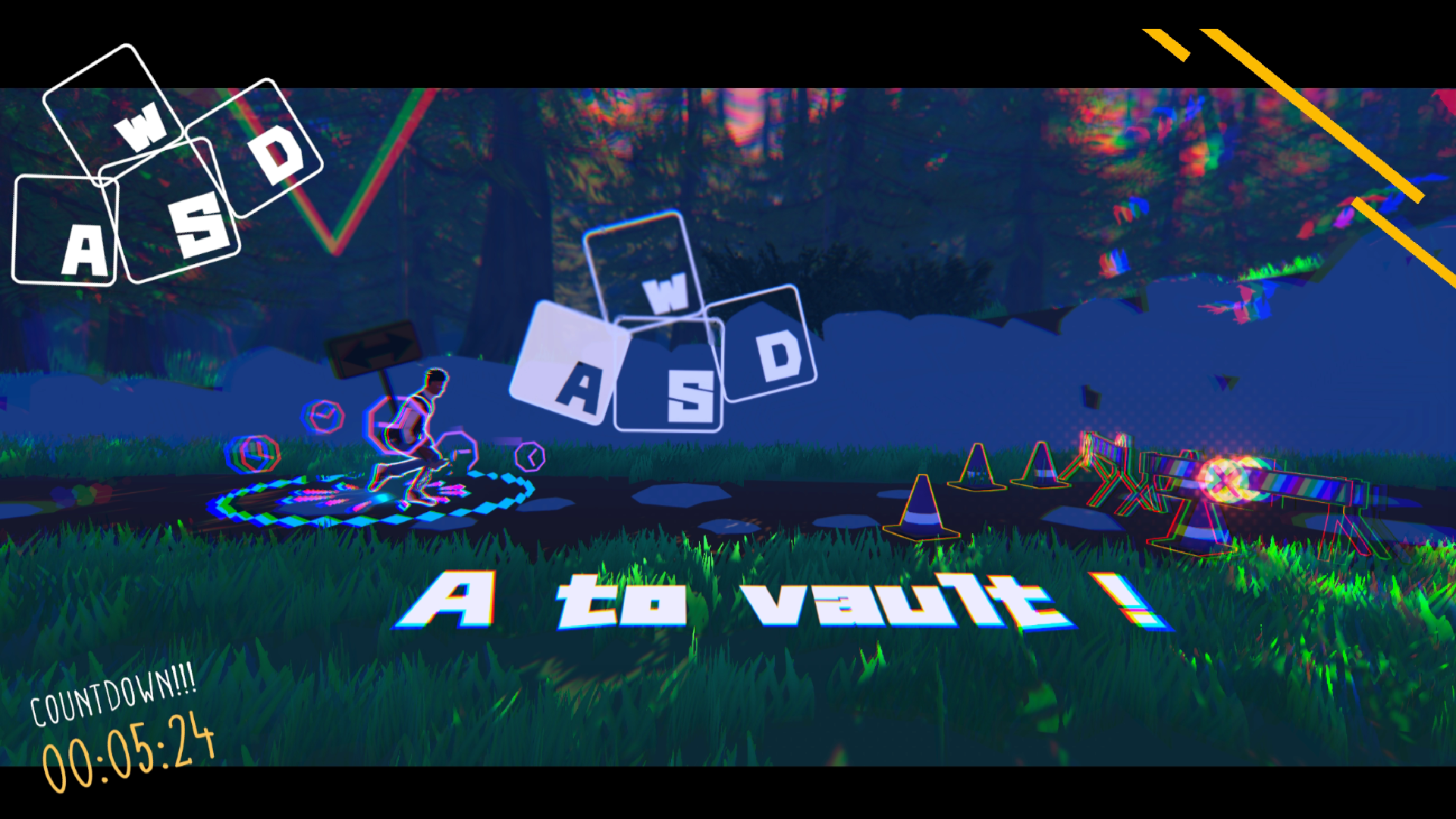 A vibrant HD wallpaper of Aerial_Knight's Never Yield video game. The scene highlights game controls (WASD) and the directive A to vault! against a dynamic and colorful backdrop.