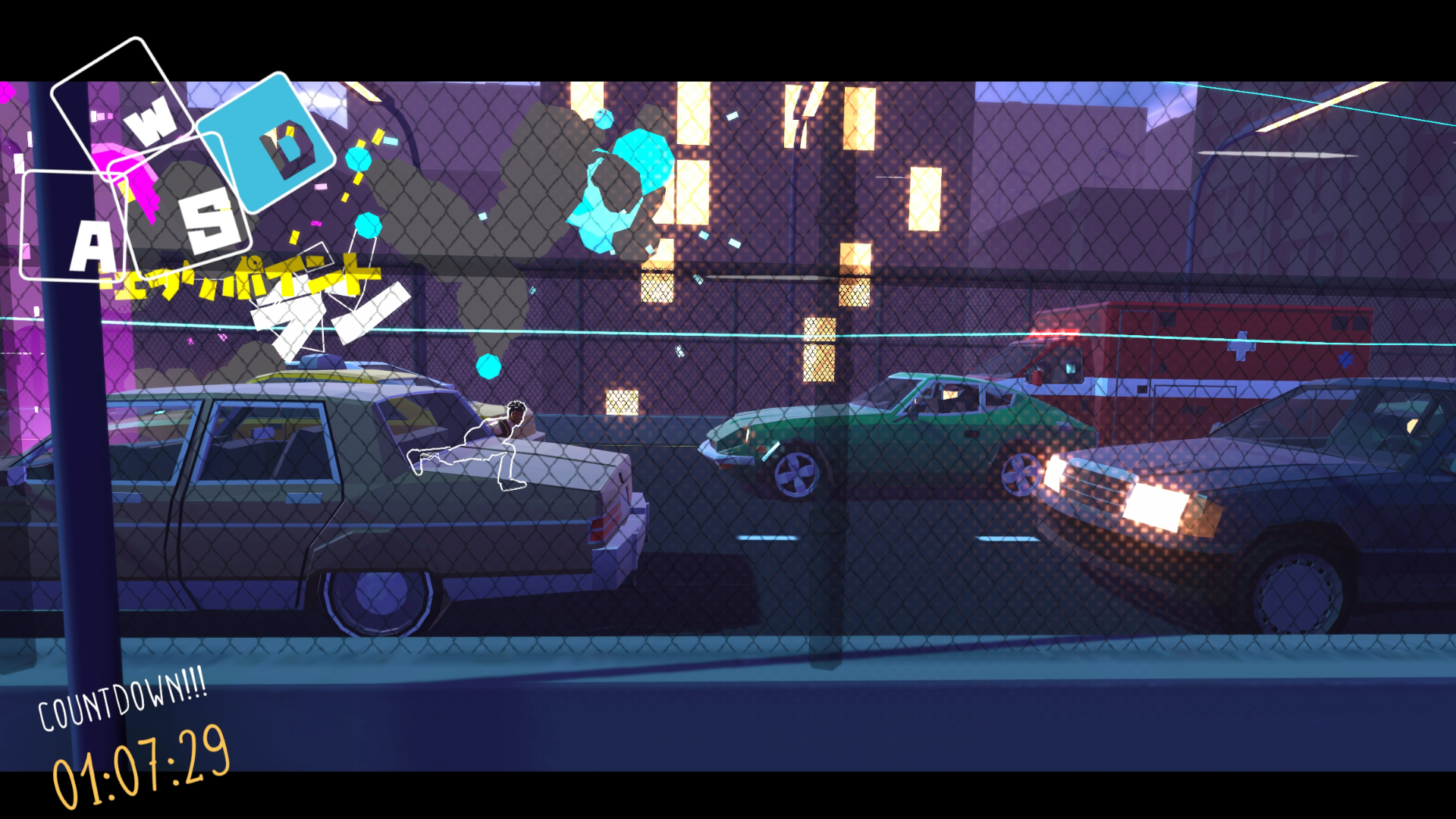 HD wallpaper and background from the video game Aerial_Knight's Never Yield, showing a dynamic urban scene with cars, vibrant colors, and action elements against a city backdrop.