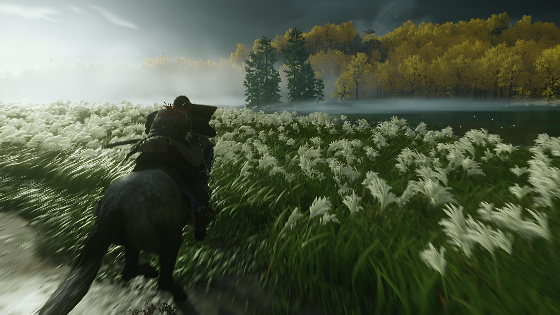 A 4K Ultra HD PC wallpaper depicting a lone warrior on horseback riding through a misty field of tall grass in Ghost of Tsushima.